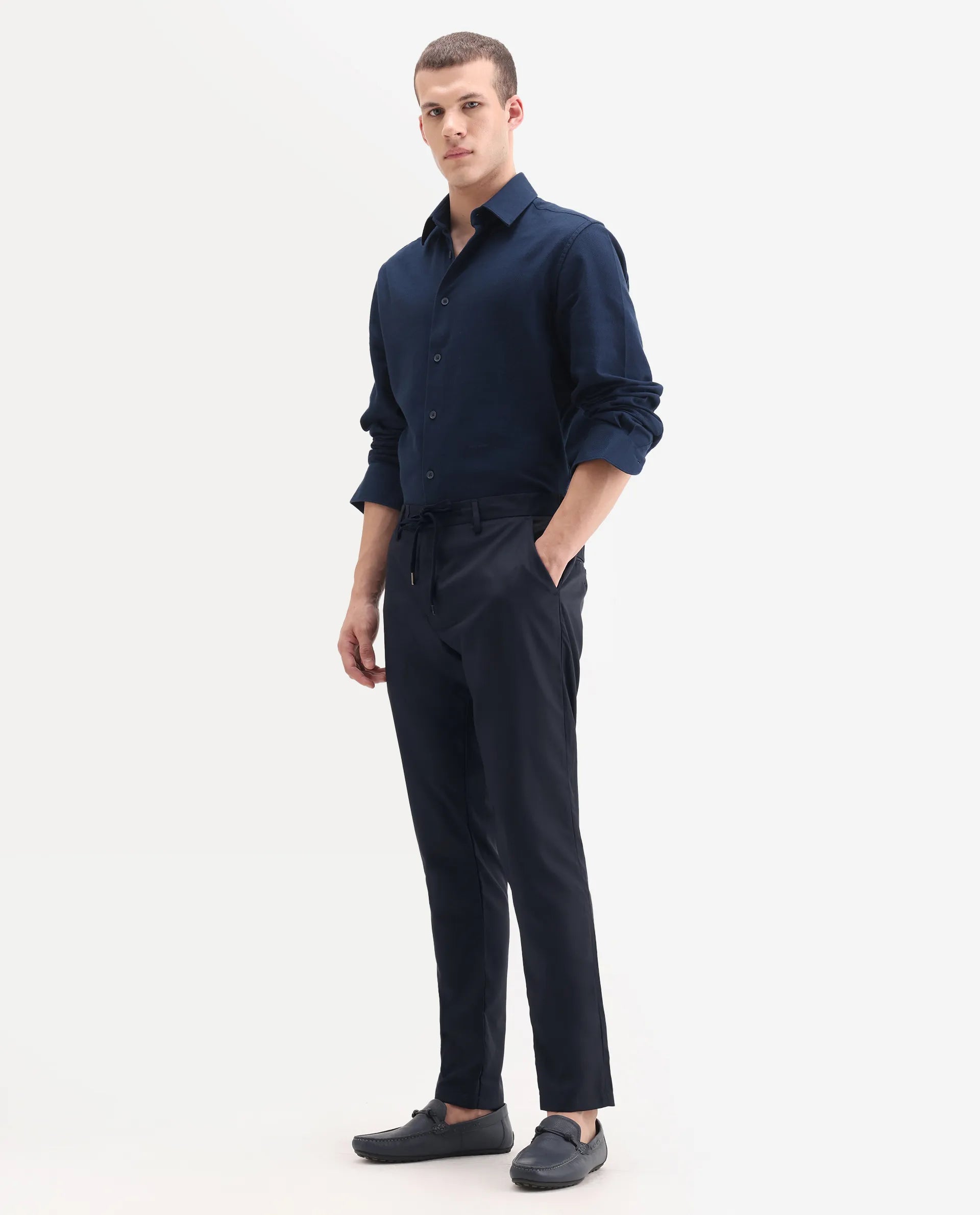 Rare Rabbit Men's Nimb Navy Polyester Fabric Drawstring And Button Closure High Rise Regular Fit Solid Trousers