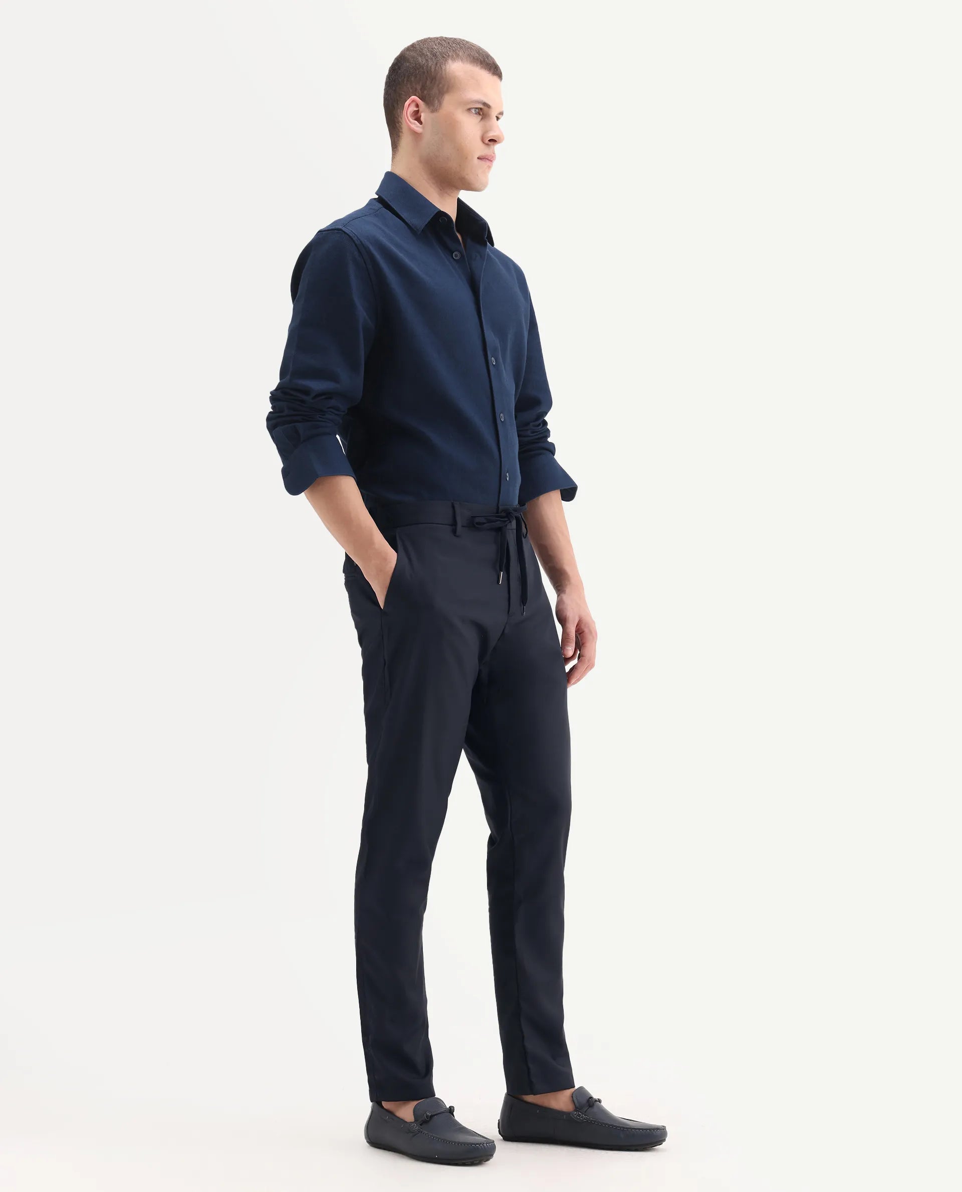 Rare Rabbit Men's Nimb Navy Polyester Fabric Drawstring And Button Closure High Rise Regular Fit Solid Trousers