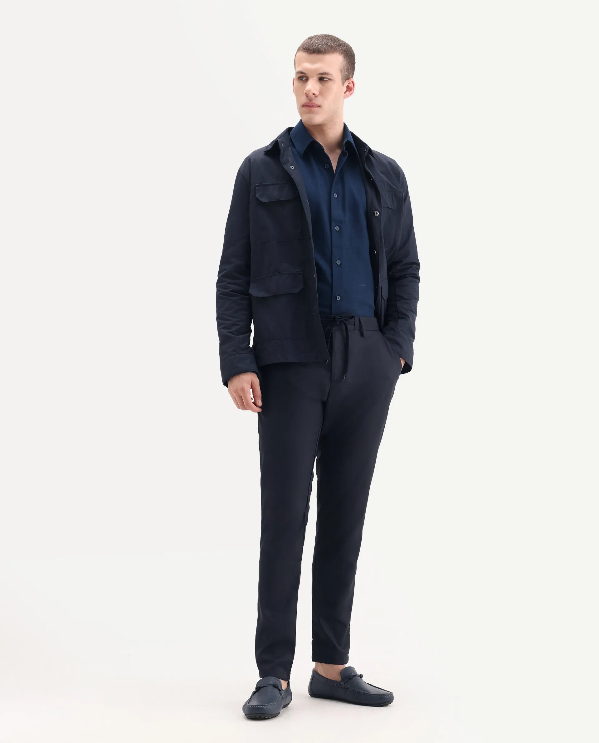 Rare Rabbit Men's Nimb Navy Polyester Fabric Drawstring And Button Closure High Rise Regular Fit Solid Trousers