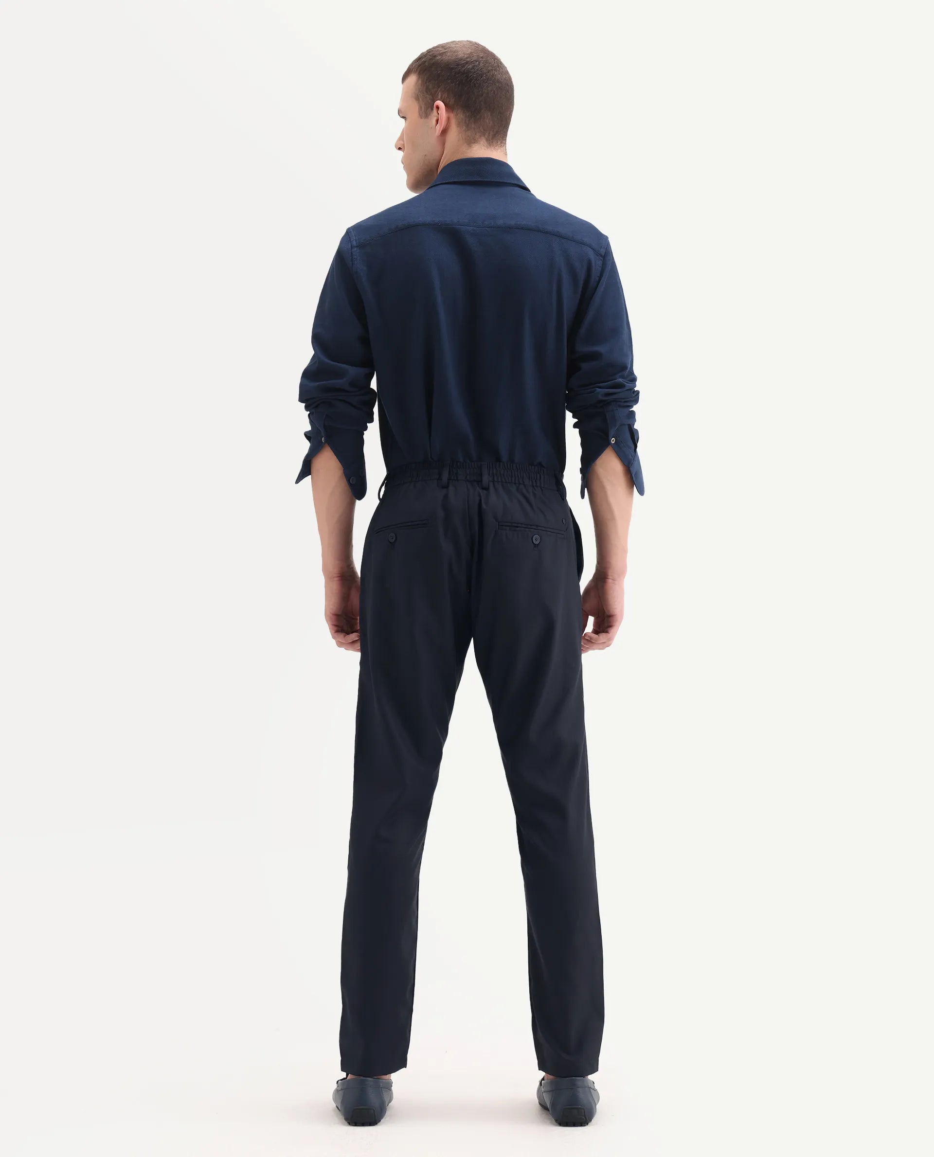 Rare Rabbit Men's Nimb Navy Polyester Fabric Drawstring And Button Closure High Rise Regular Fit Solid Trousers