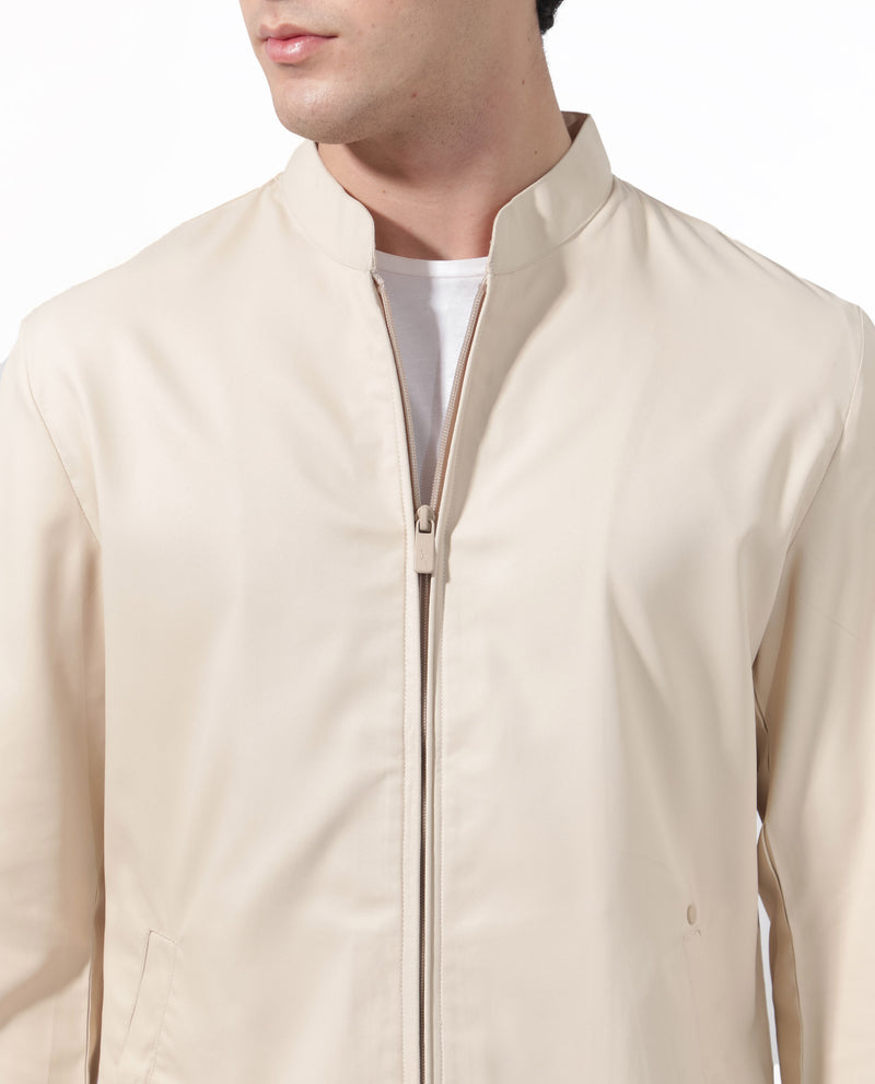 Rare Rabbit Men's Nimbus Beige Plain Mandarin Collar Smart Twill Jacket