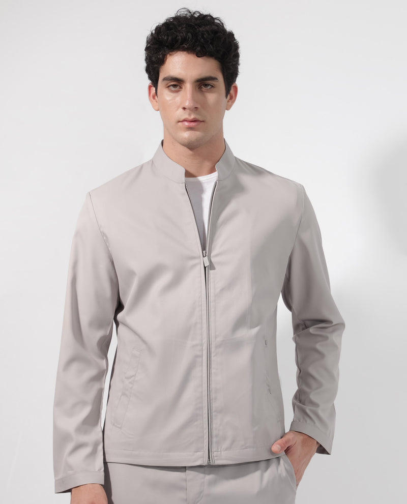 Rare Rabbit Men's Nimbus Light Grey Plain Mandarin Collar Smart Twill Jacket