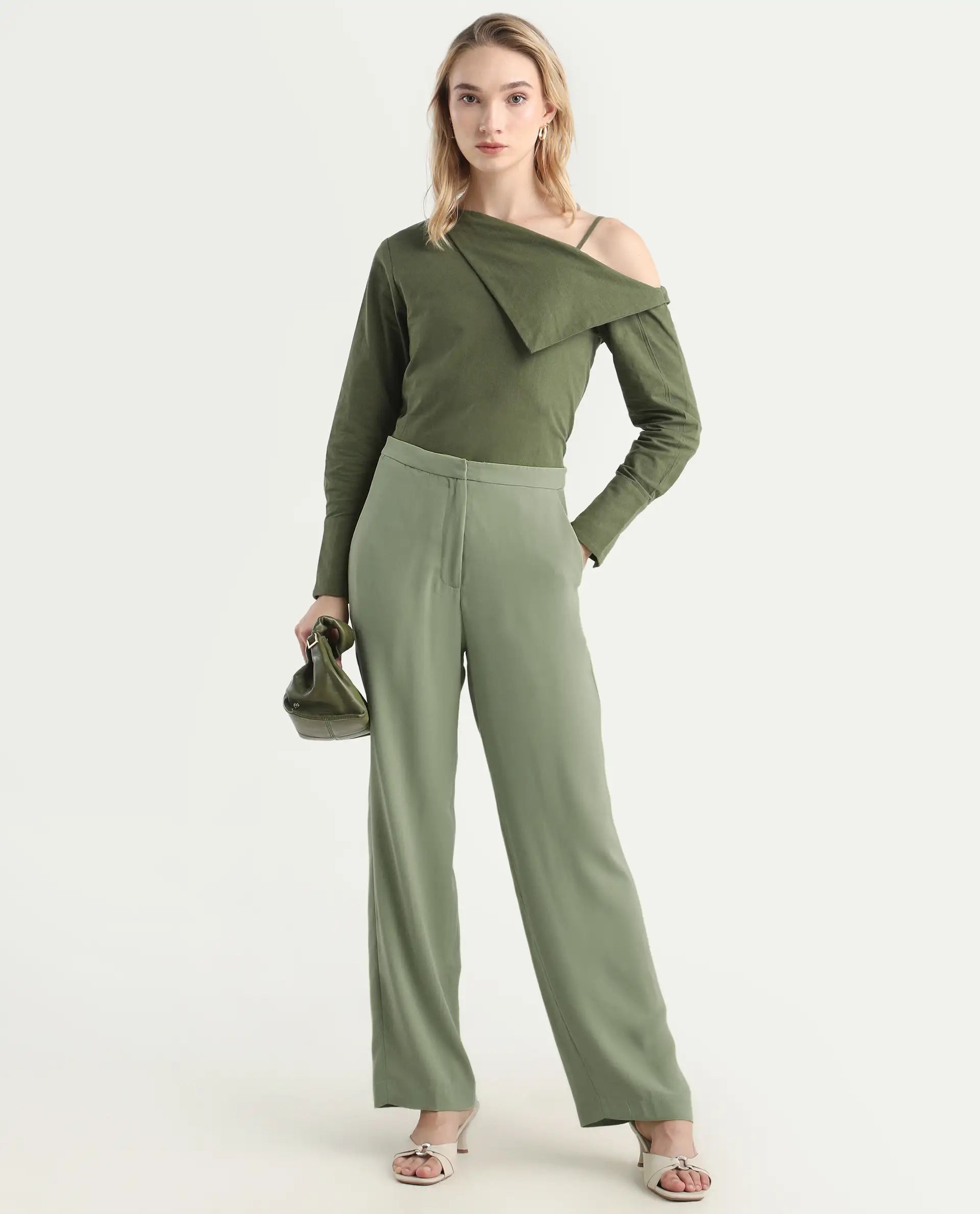 Rareism Women's Nimlu Green Cotton Collarless Plain Cuffed Sleeve Regular Fit Top