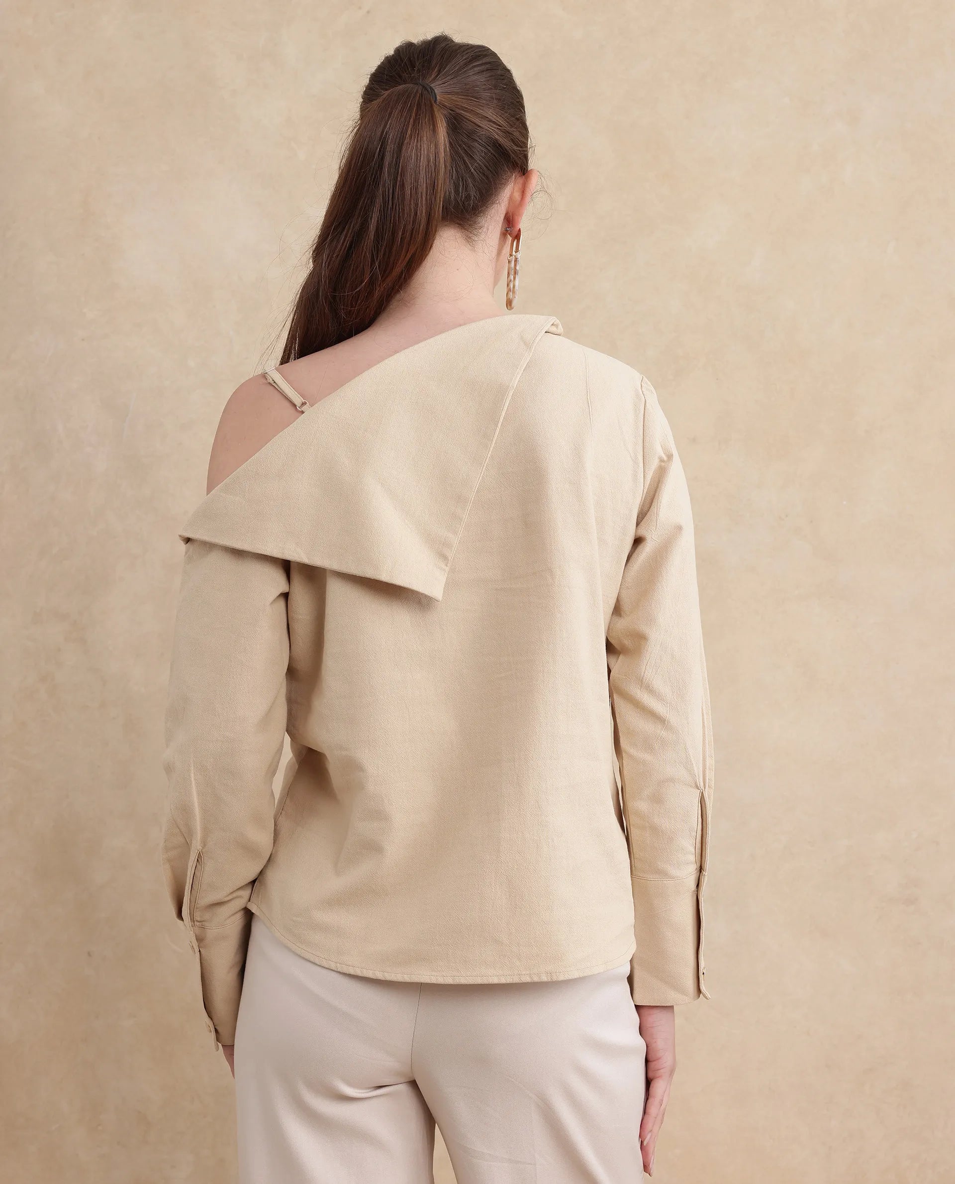 Rareism Women Nimlu Light Sand Cotton Fabric Bishop Sleeve Collarless Plain Top