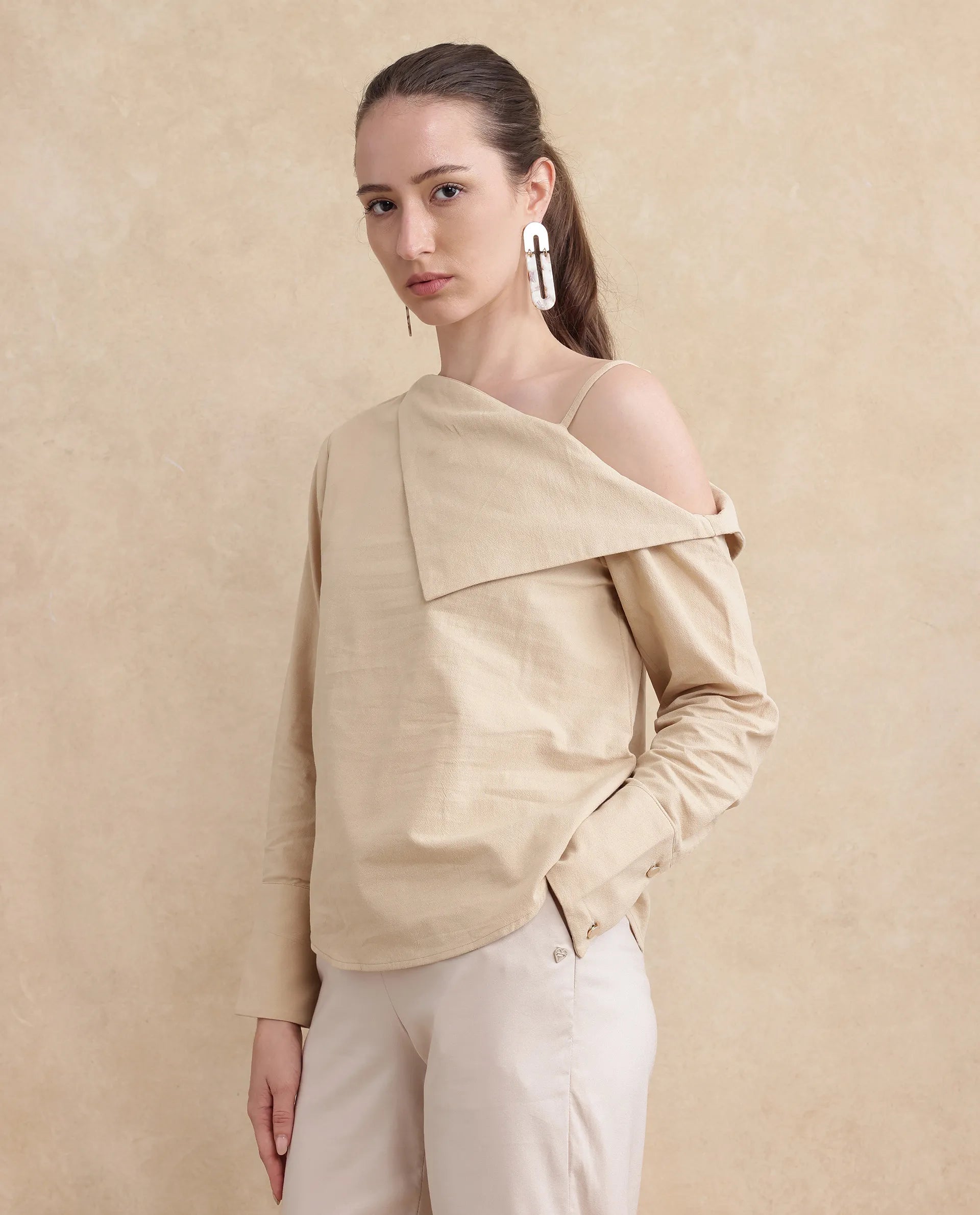 Rareism Women Nimlu Light Sand Cotton Fabric Bishop Sleeve Collarless Plain Top