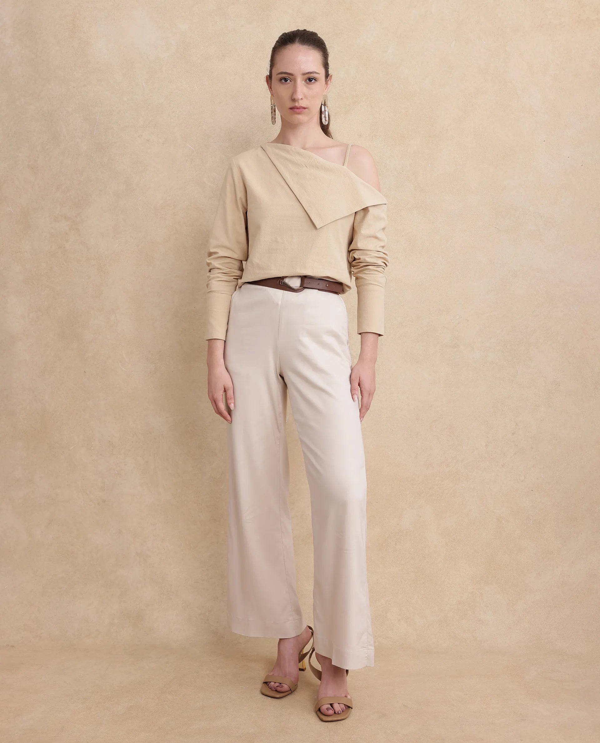 Rareism Women Nimlu Light Sand Cotton Fabric Bishop Sleeve Collarless Plain Top