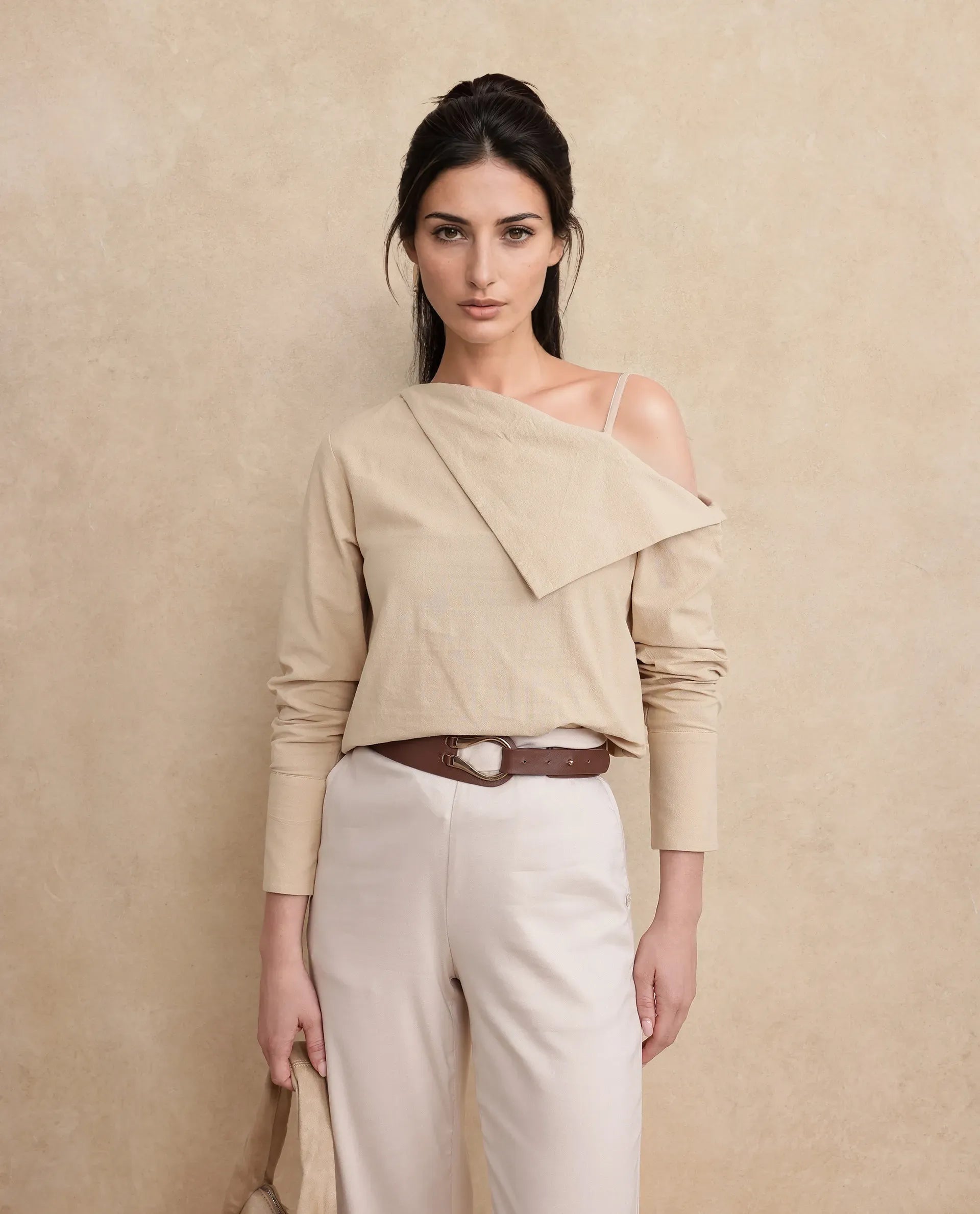 Rareism Women's Nimlu Light Sand Cotton Collarless Plain Cuffed Sleeve Regular Fit Top