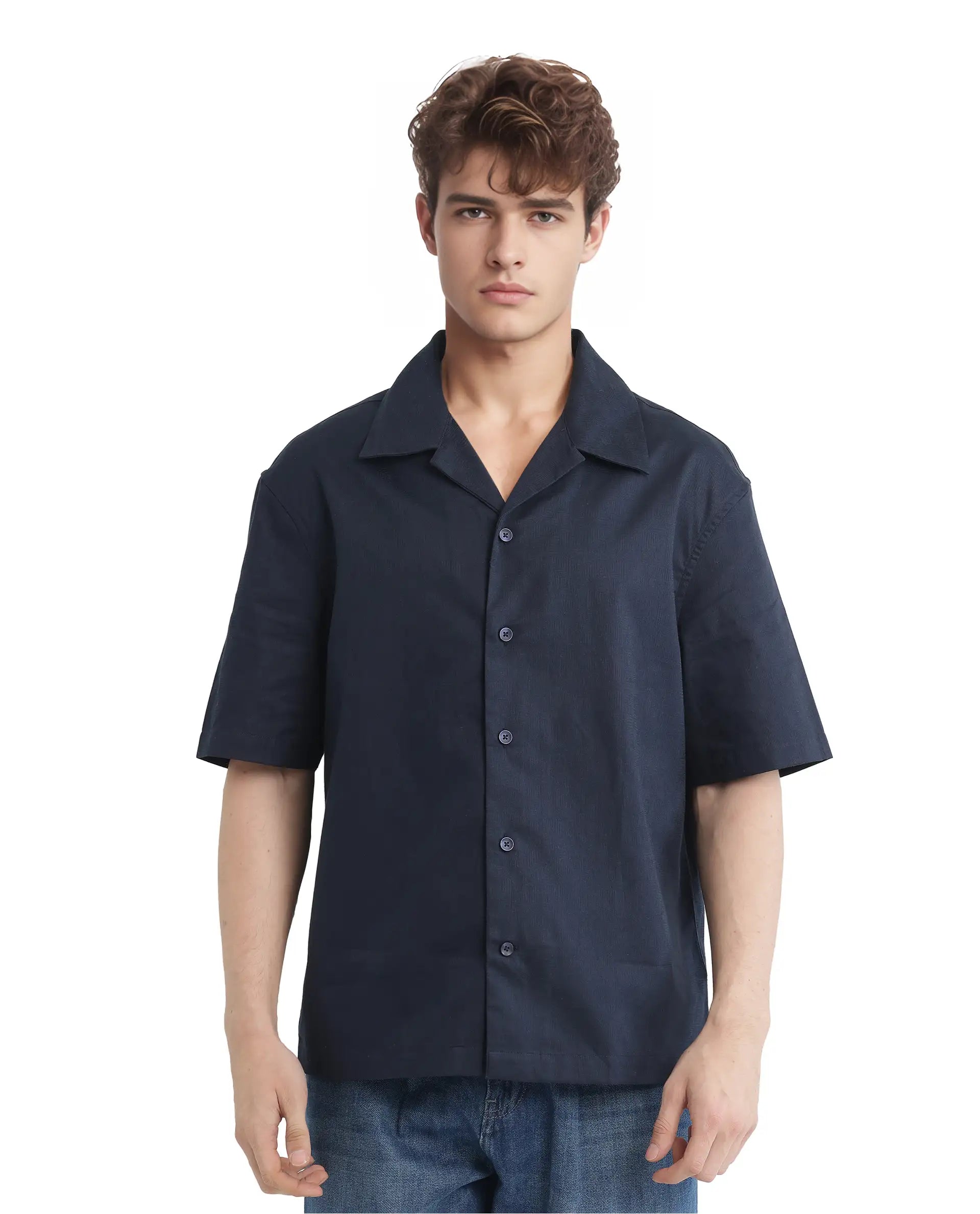 Rare Rabbit Men's Nino Navy Cotton Fabric Half Sleeve Collared Neck Button Closure Plain Shirt