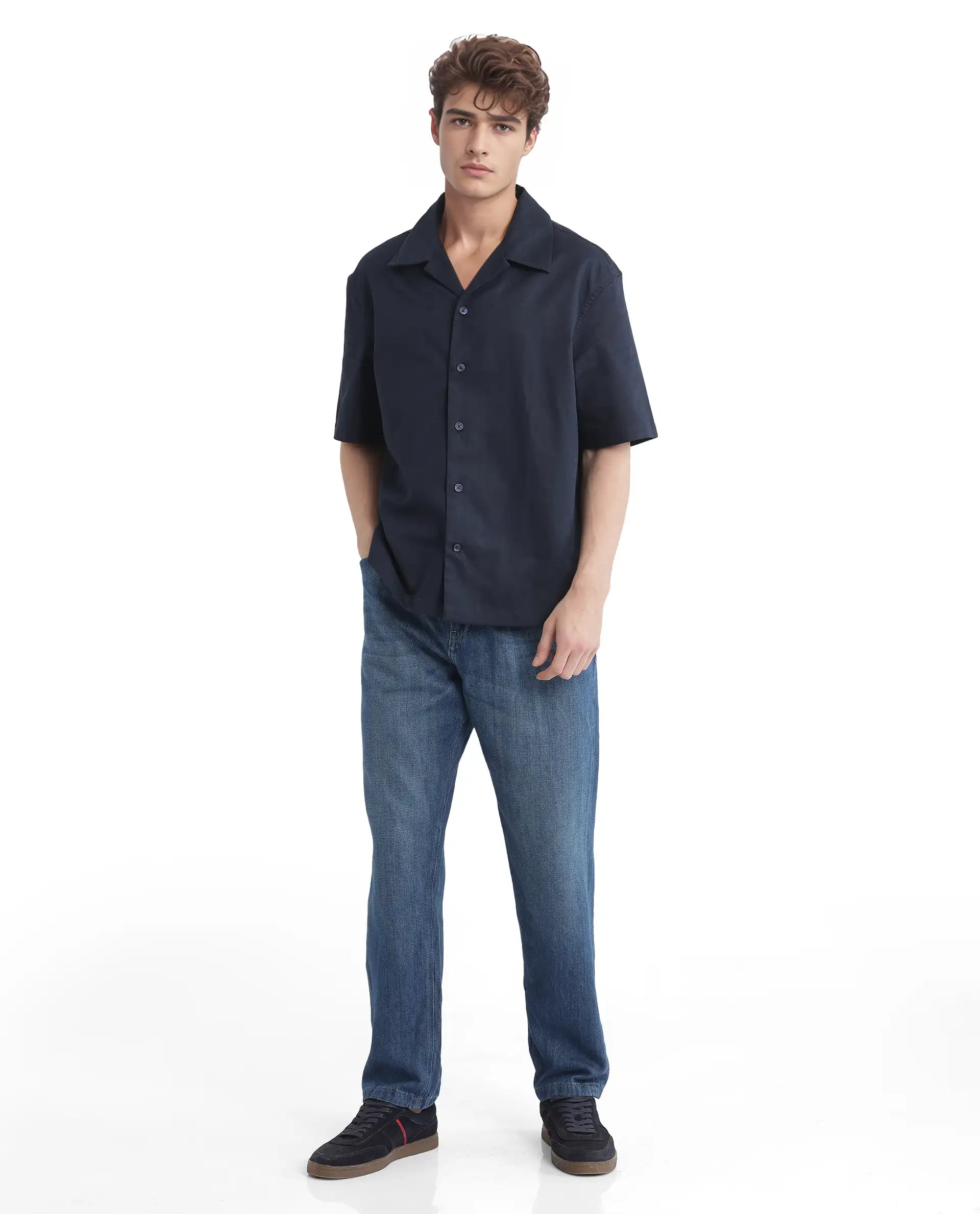 Rare Rabbit Men's Nino Navy Cotton Fabric Half Sleeve Collared Neck Button Closure Plain Shirt