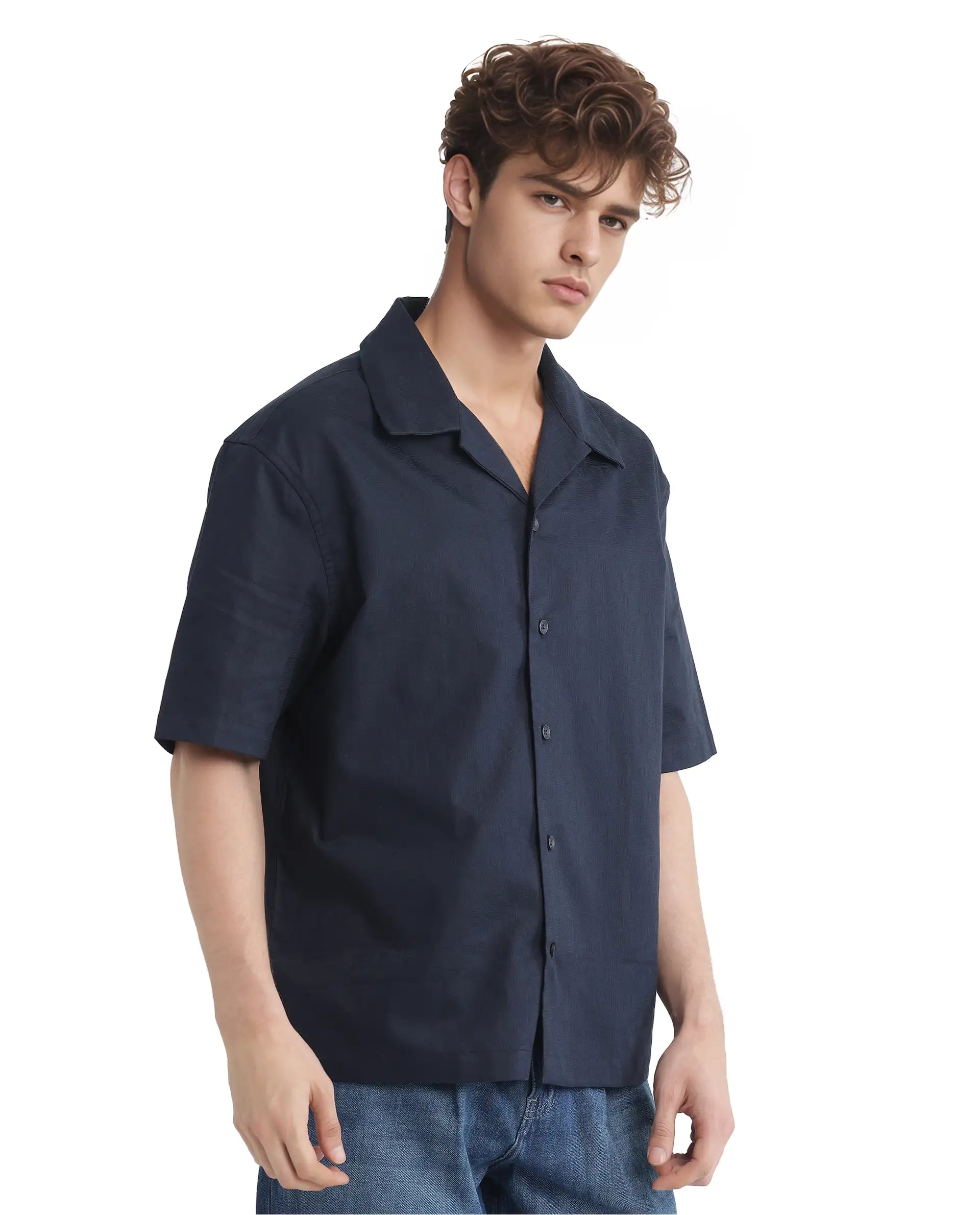 Rare Rabbit Men's Nino Navy Cotton Fabric Half Sleeve Collared Neck Button Closure Plain Shirt