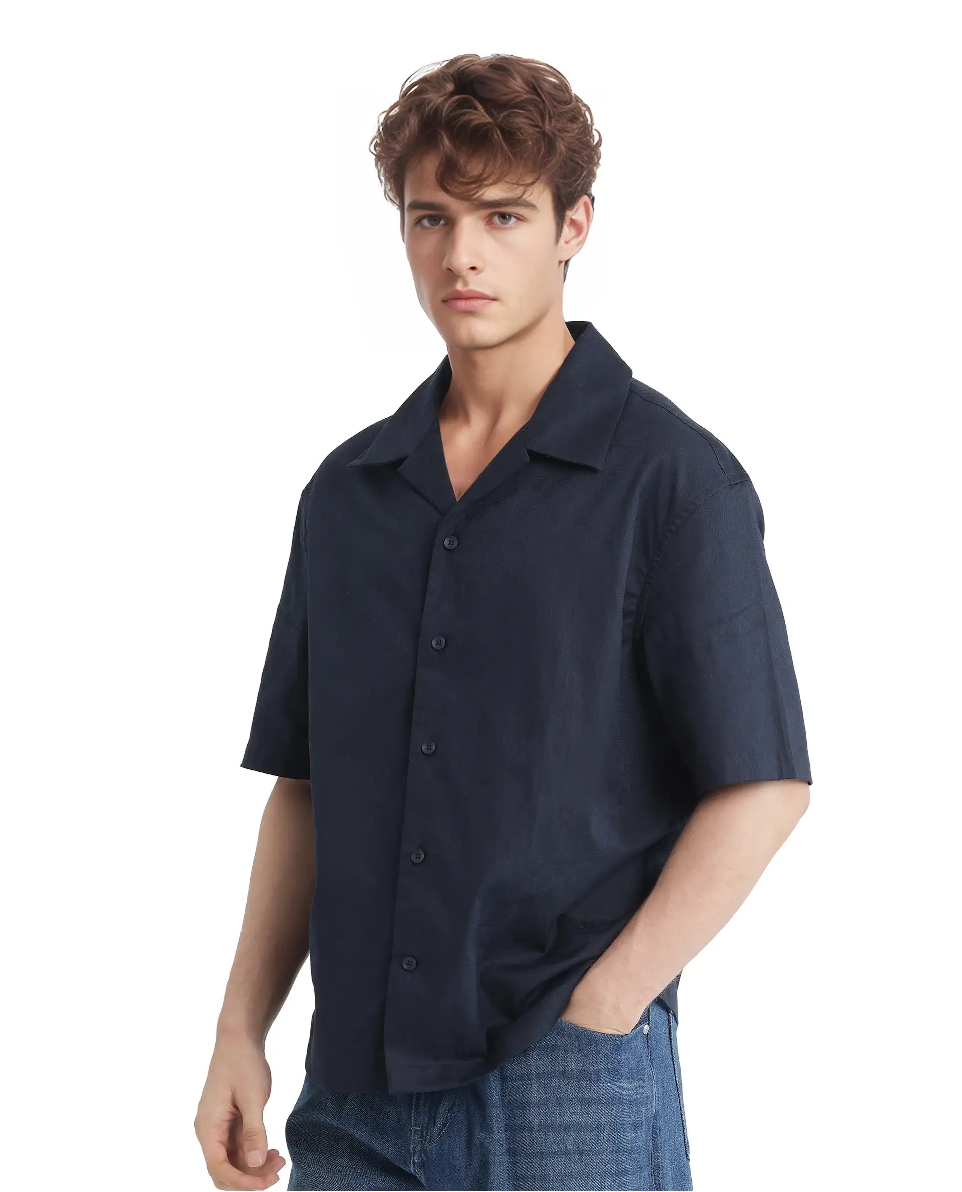 Rare Rabbit Men's Nino Navy Cotton Fabric Half Sleeve Collared Neck Button Closure Plain Shirt