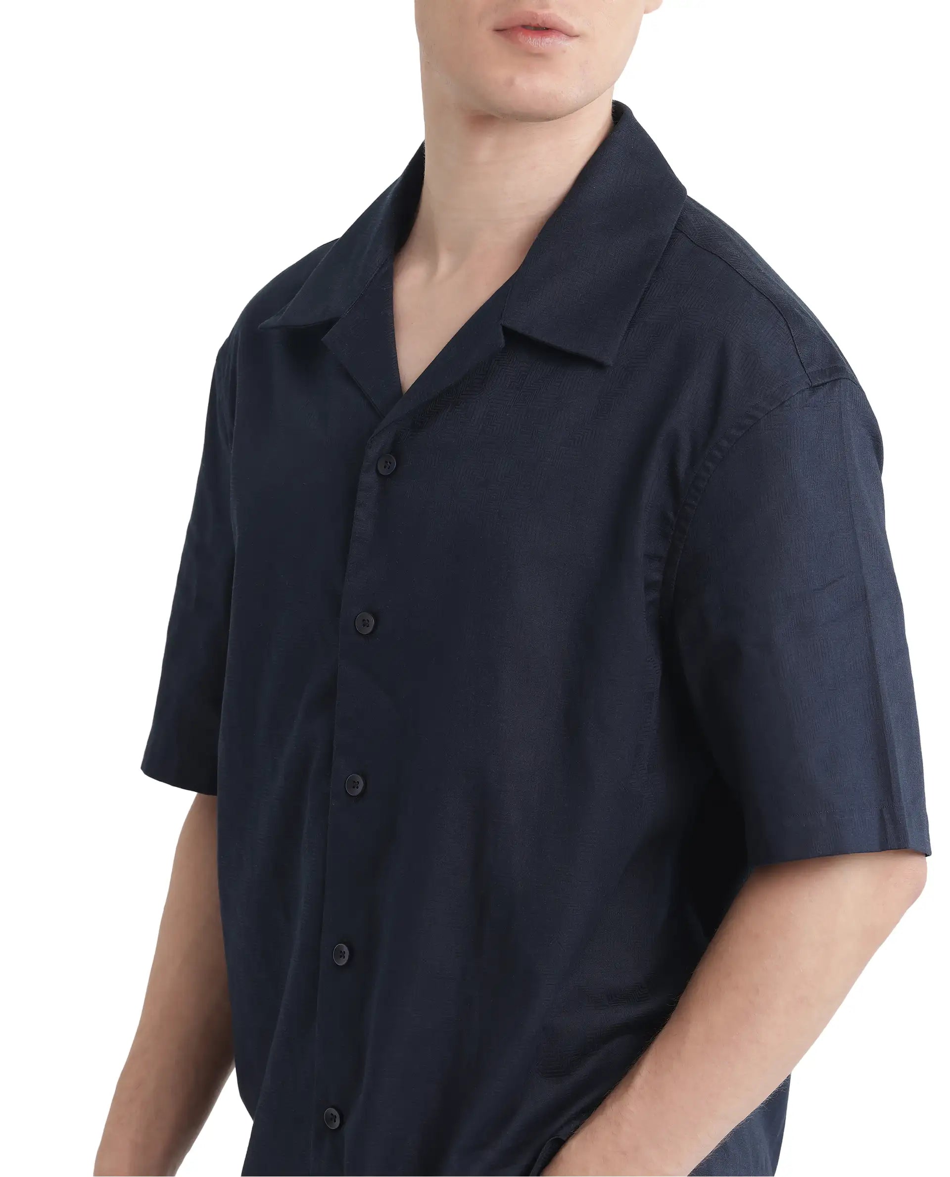 Rare Rabbit Men's Nino Navy Cotton Fabric Half Sleeve Collared Neck Button Closure Plain Shirt