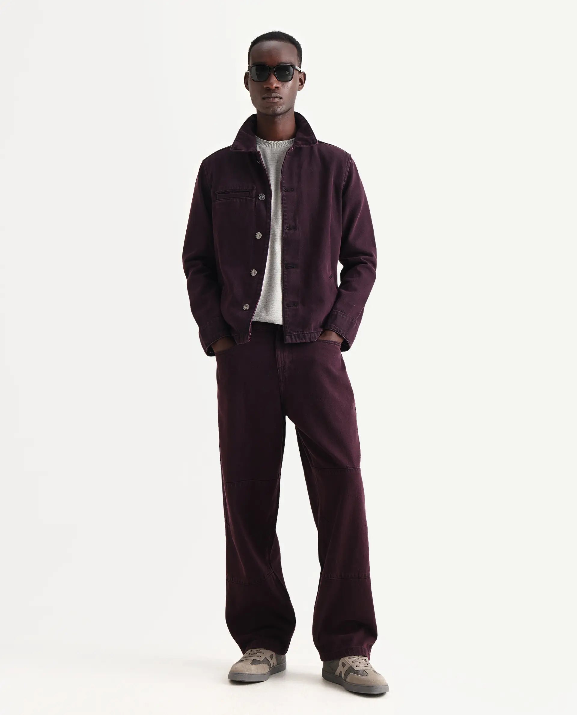 Rare Rabbit Men's Nio Dark Purple Cotton Plain Regular Fit Full Sleeve Spread Collar Jacket