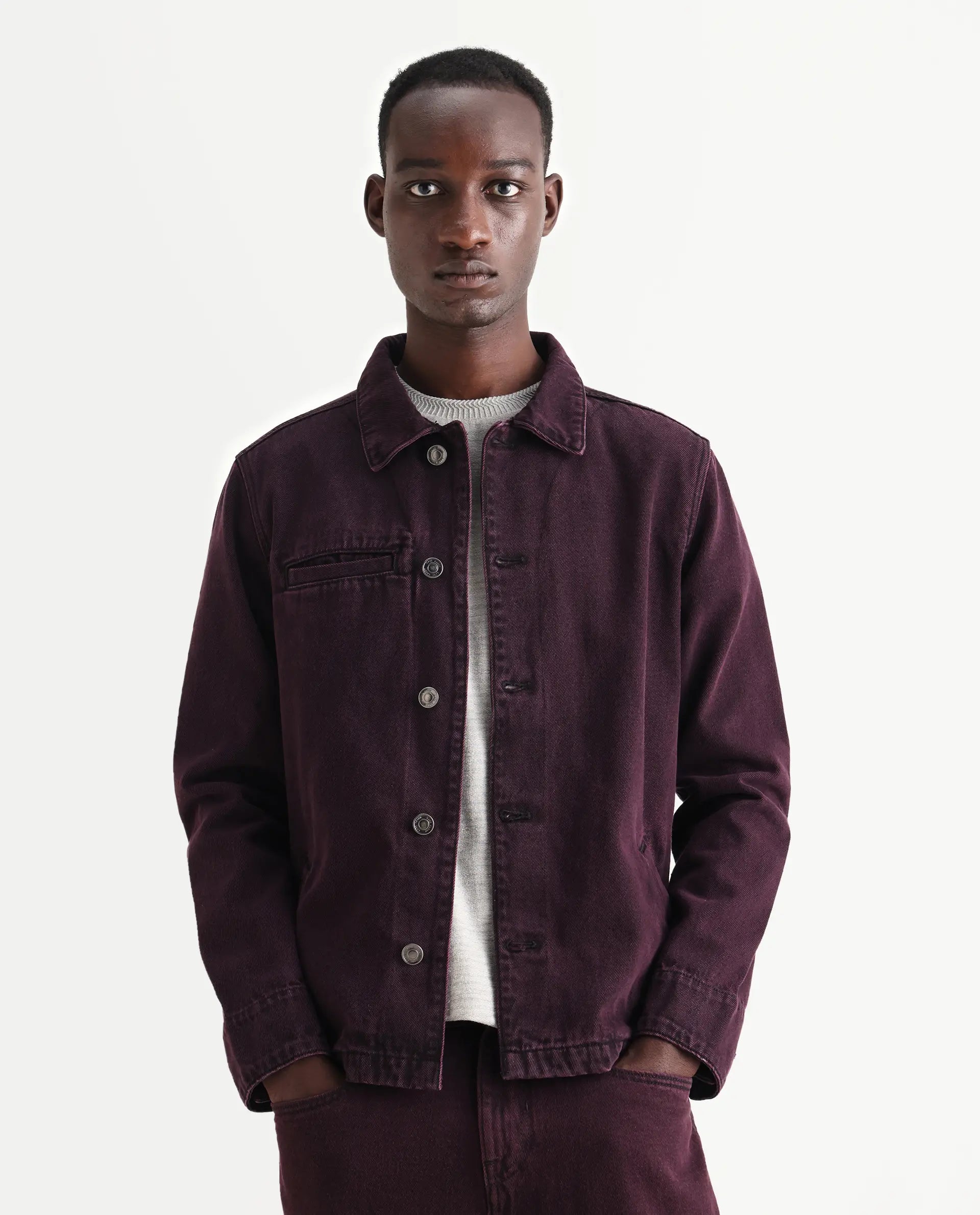 Rare Rabbit Men's Nio Dark Purple Cotton Plain Regular Fit Full Sleeve Spread Collar Jacket