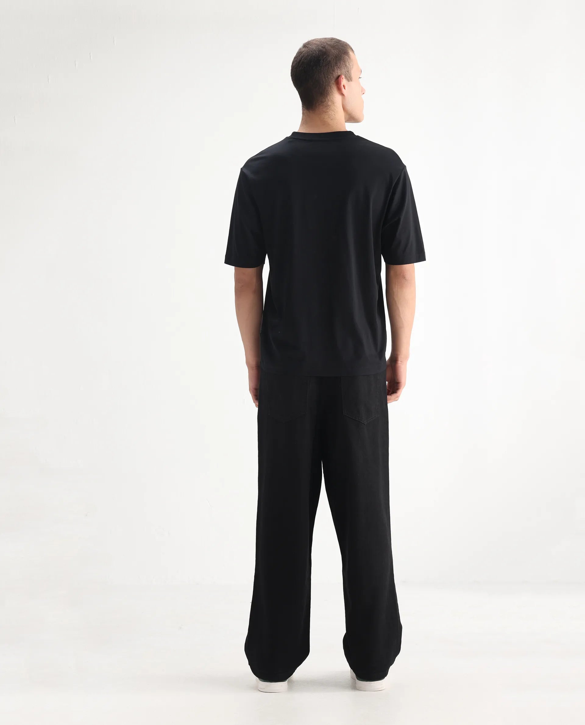 Rare Rabbit Men's Niot Black Cotton Plain Baggy Fit Jeans