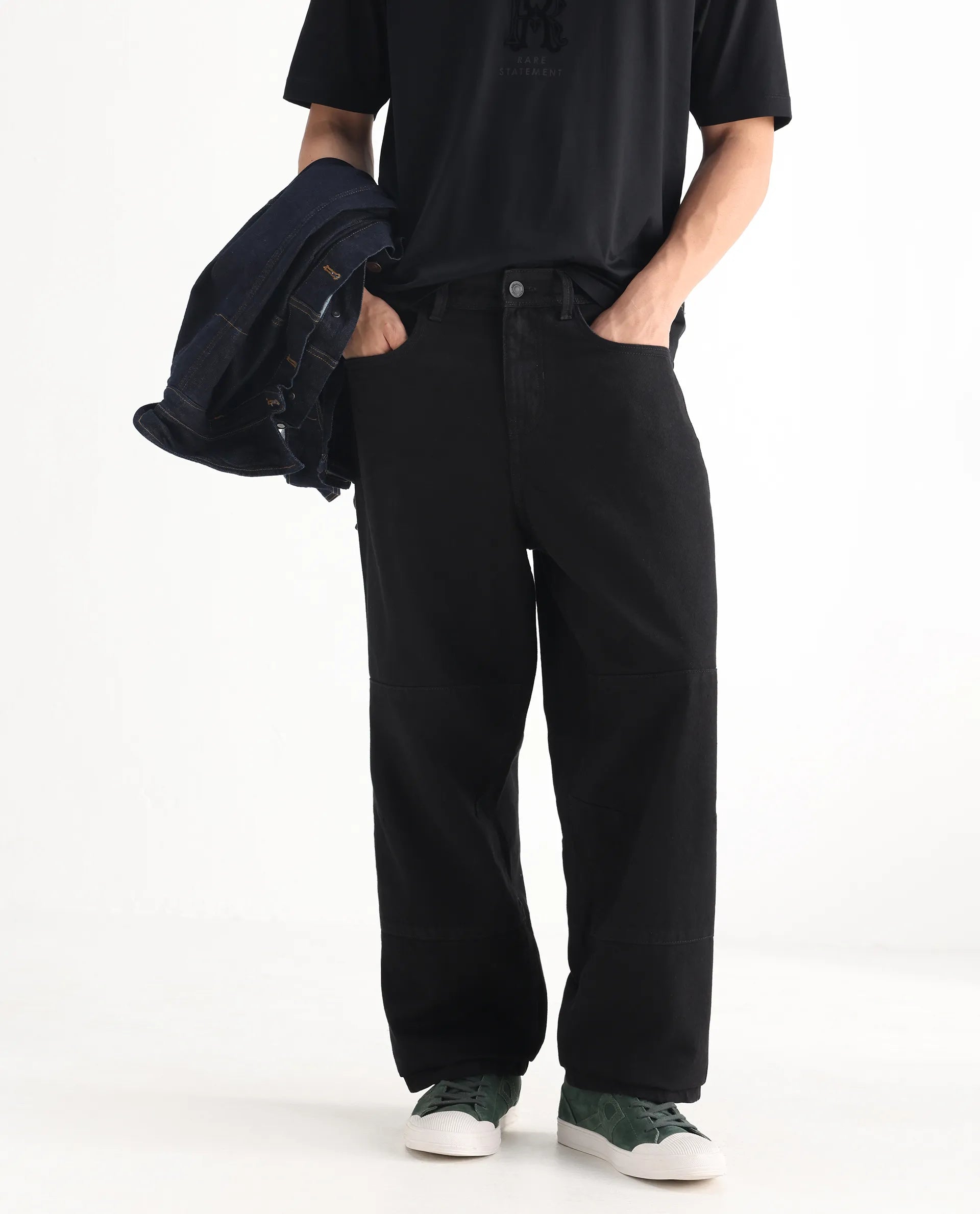 Rare Rabbit Men's Niot Black Cotton Plain Baggy Fit Jeans