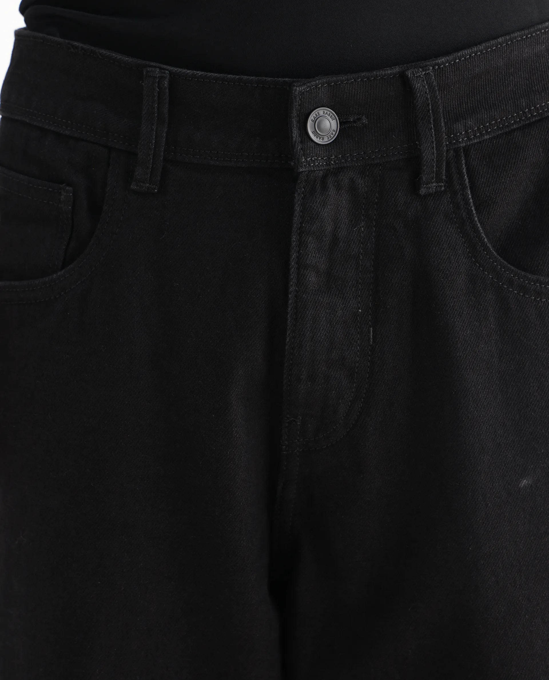 Rare Rabbit Men's Niot Black Cotton Plain Baggy Fit Jeans