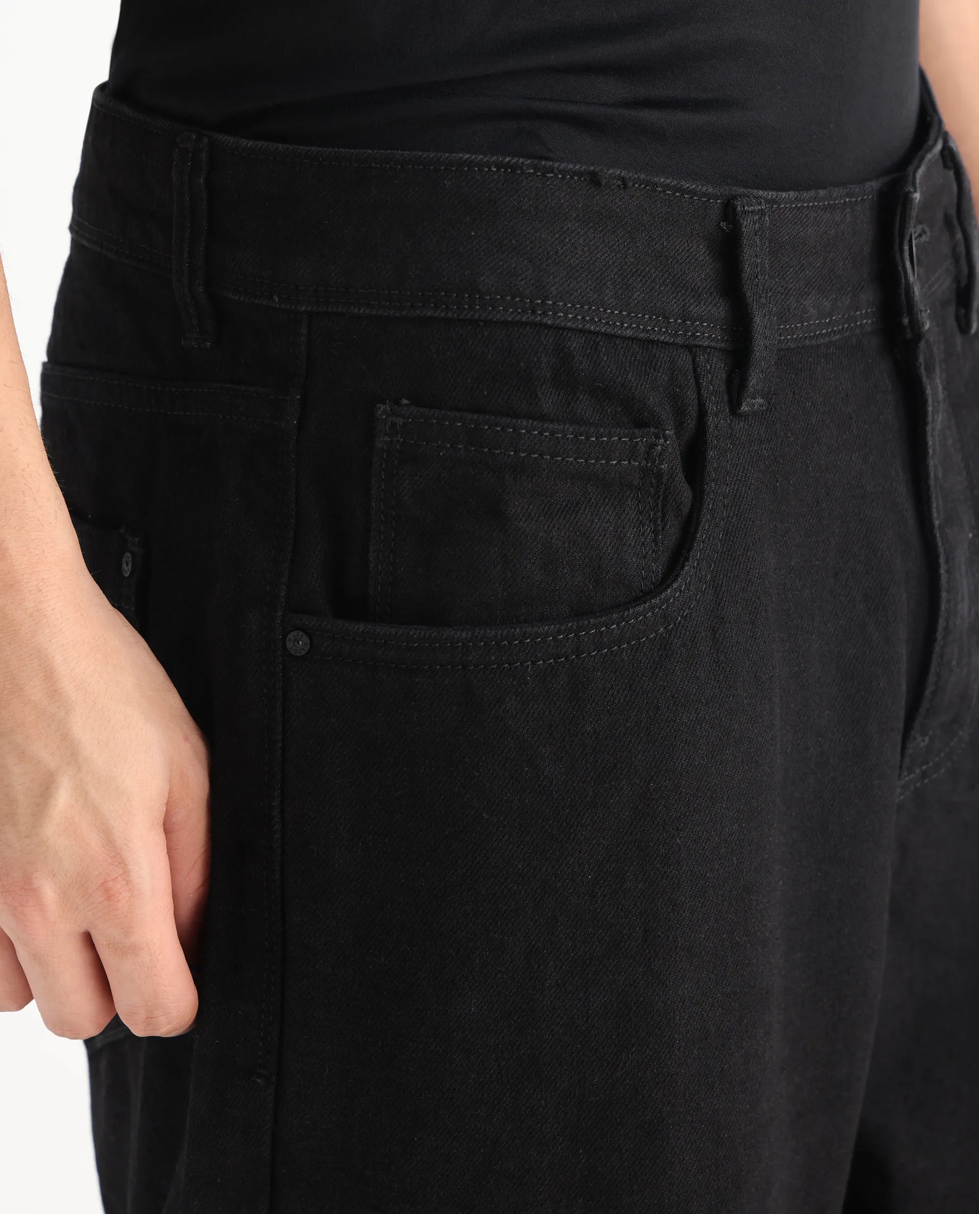 Rare Rabbit Men's Niot Black Cotton Plain Baggy Fit Jeans