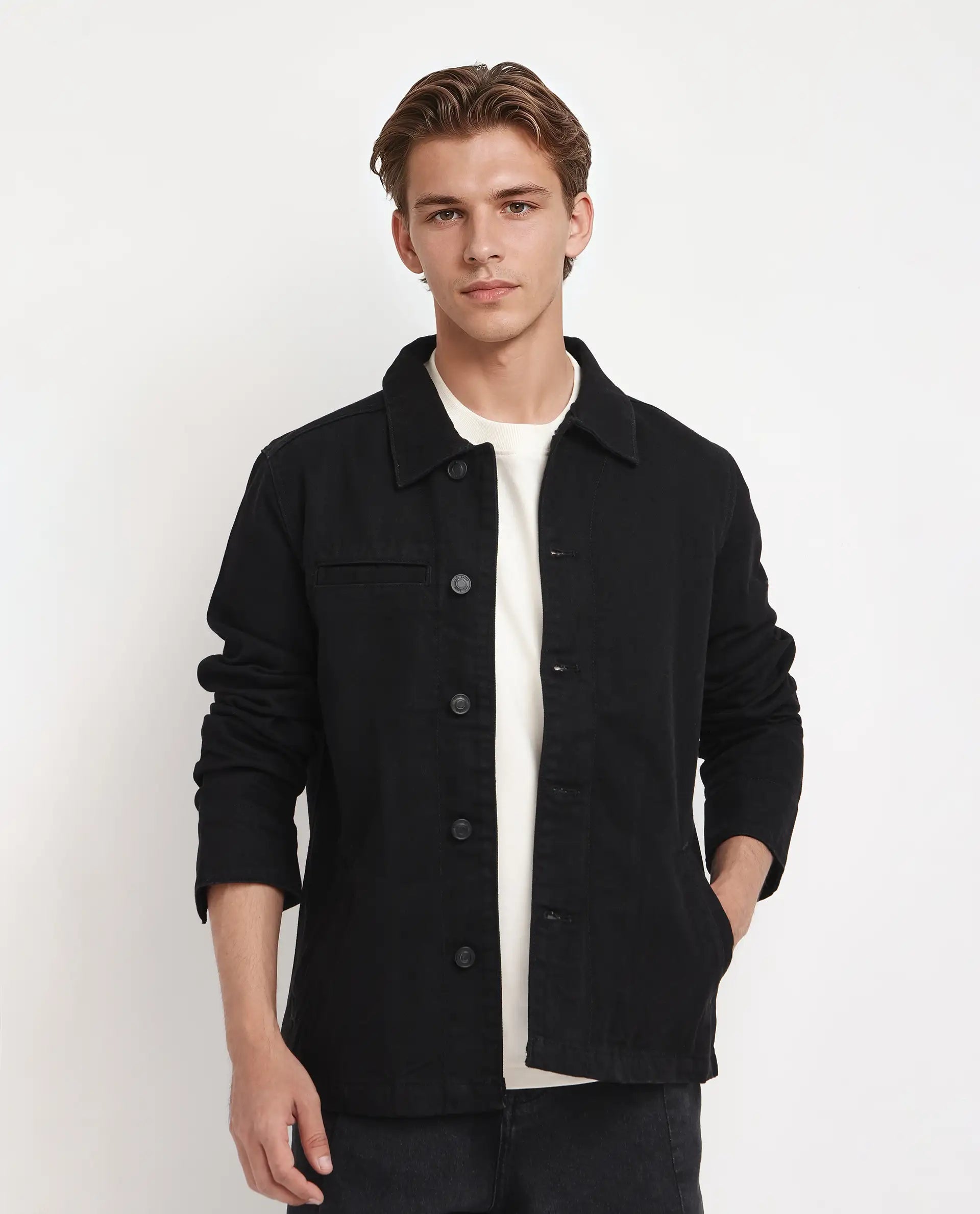 Rare Rabbit Men Nio Black Cotton Fabric Collared Neck Jacket