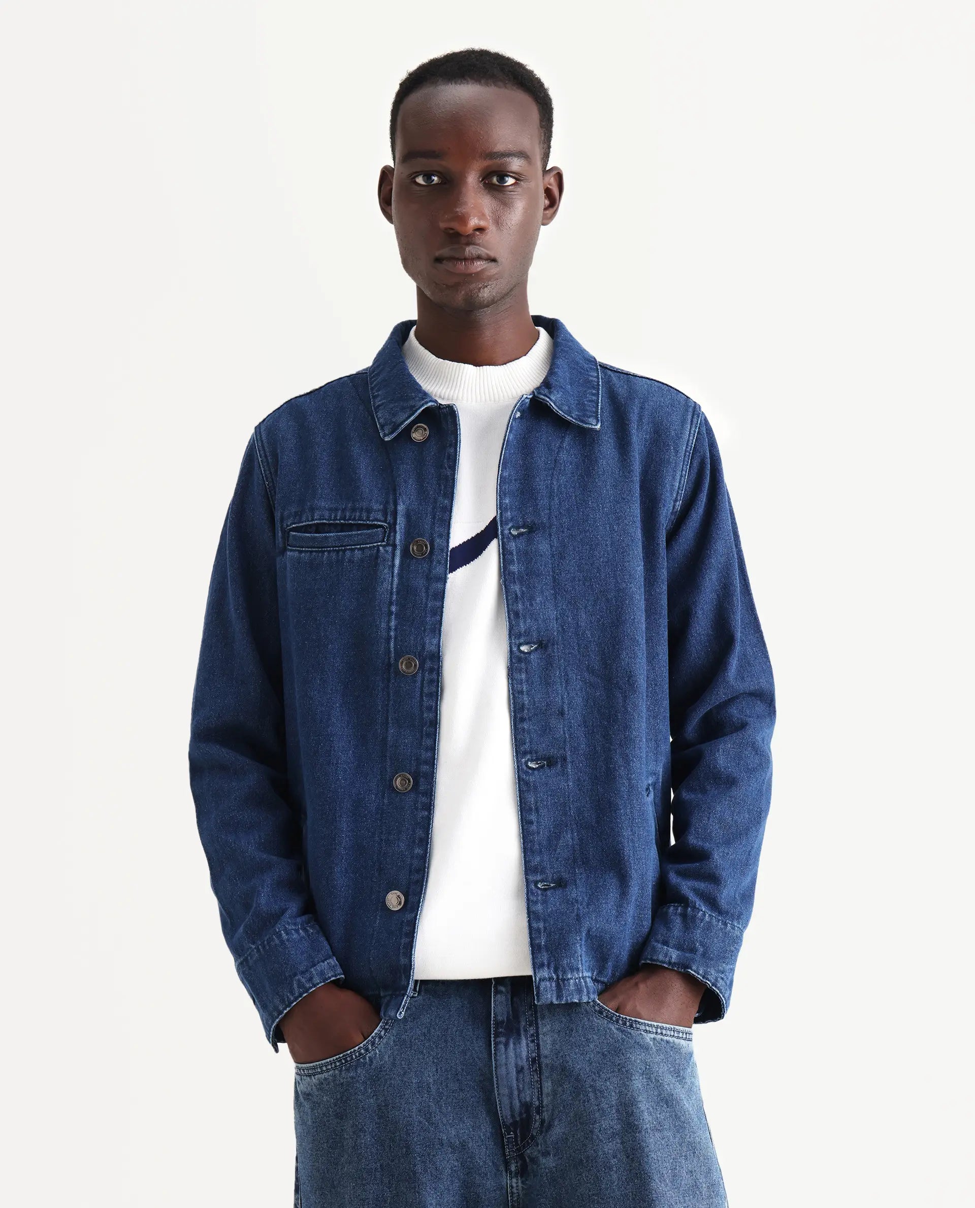 Rare Rabbit Men's Nio Blue Cotton Plain Regular Fit Full Sleeve Spread Collar Jacket