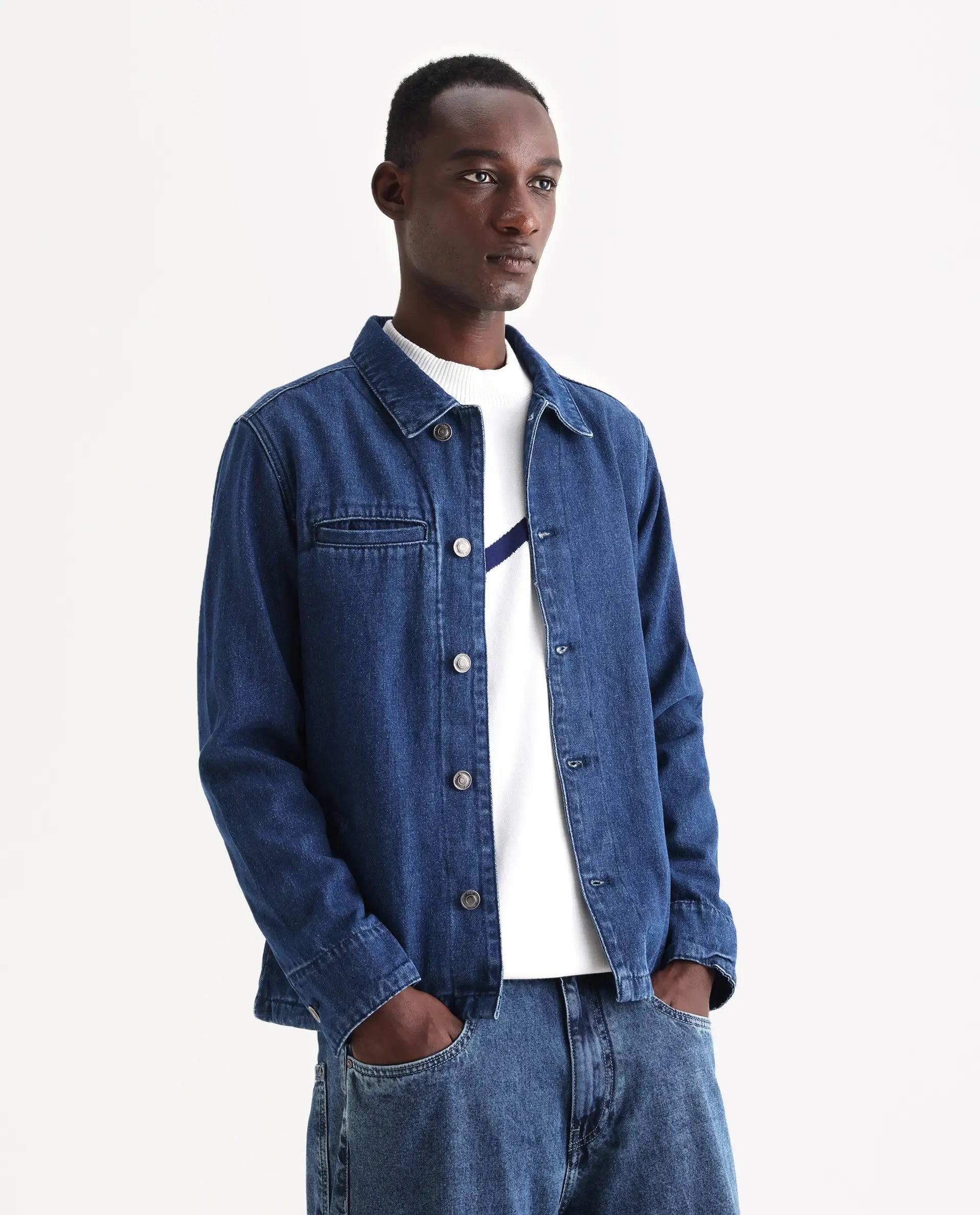 Rare Rabbit Men's Nio Blue Cotton Plain Regular Fit Full Sleeve Spread Collar Jacket