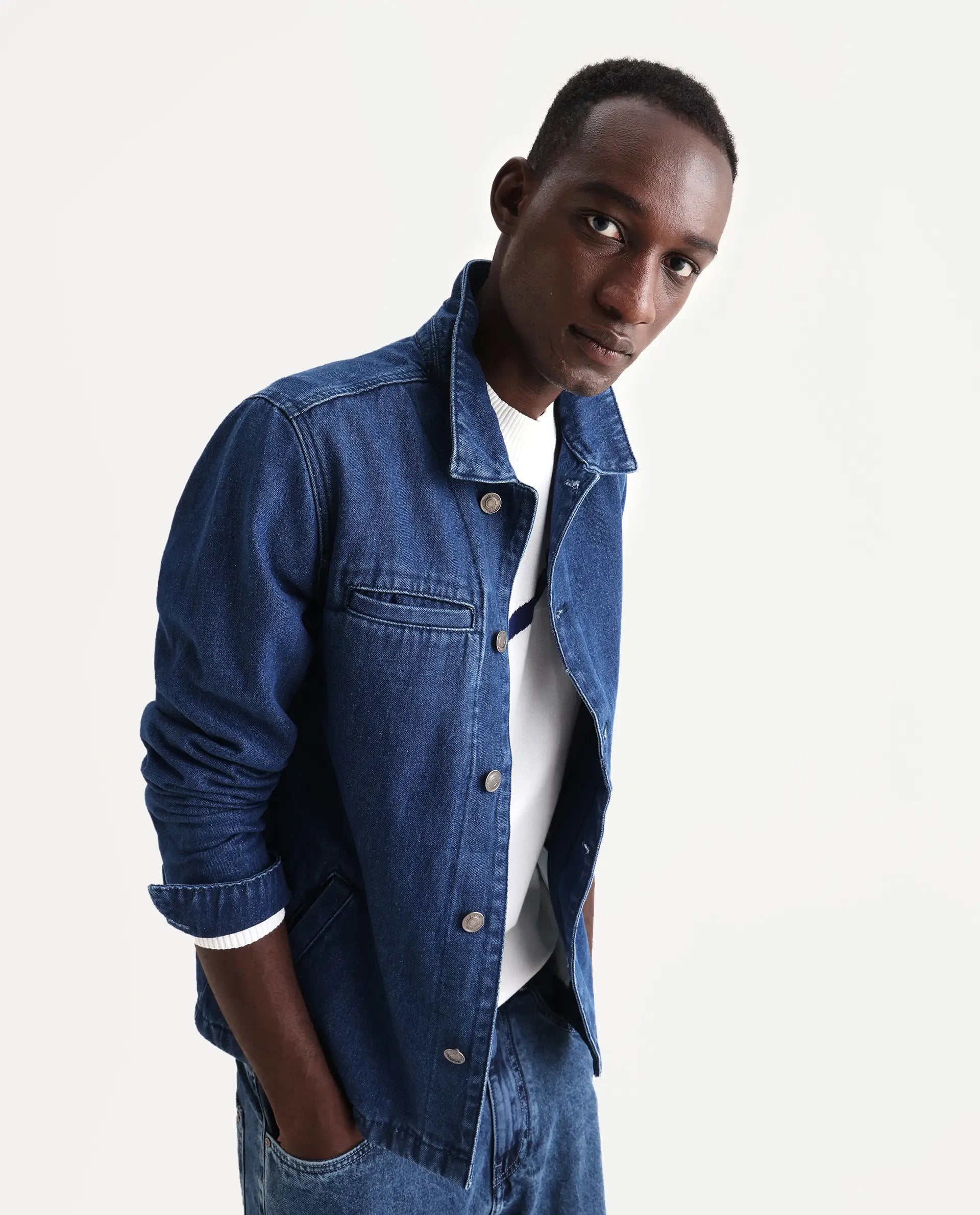 Rare Rabbit Men's Nio Blue Cotton Plain Regular Fit Full Sleeve Spread Collar Jacket