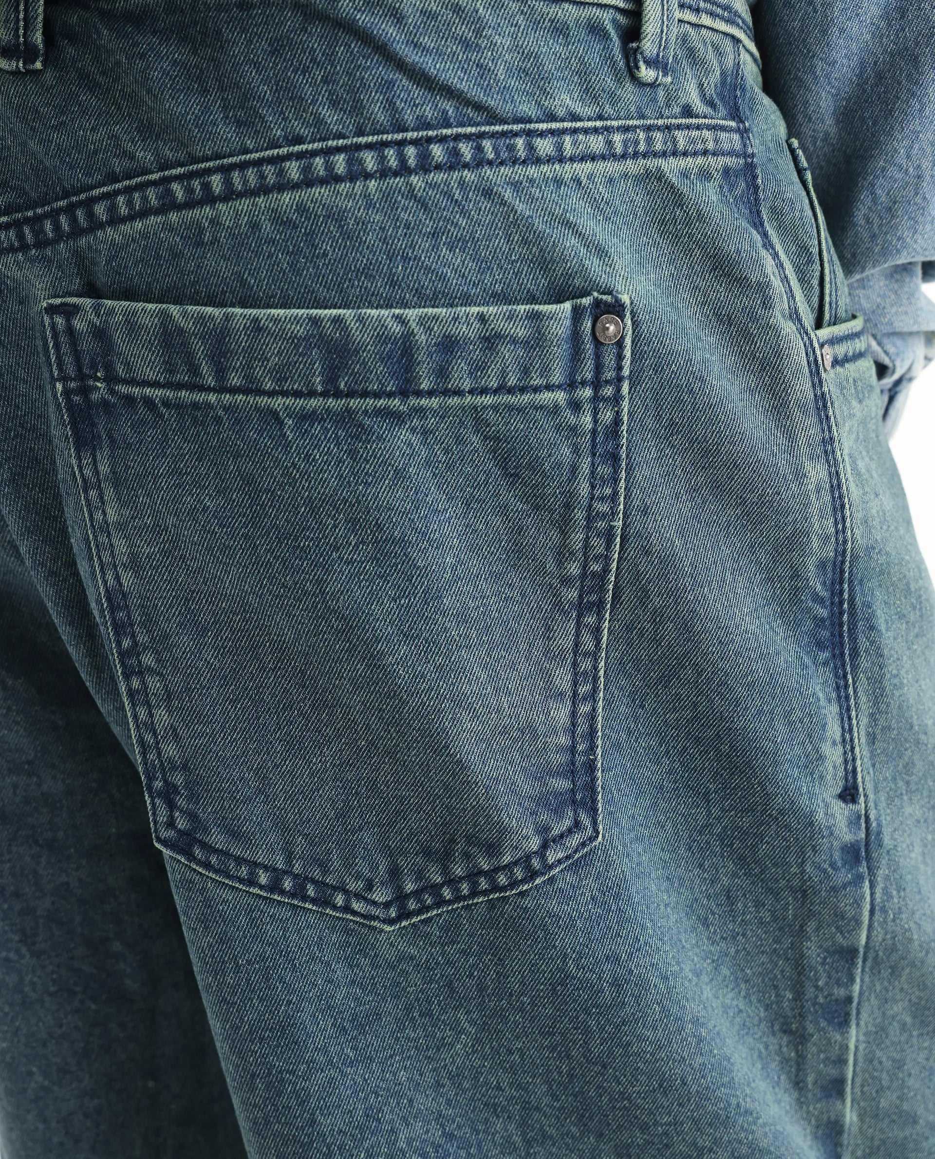 Rare Rabbit Men's Niok Green Cotton Plain Baggy Fit Jeans