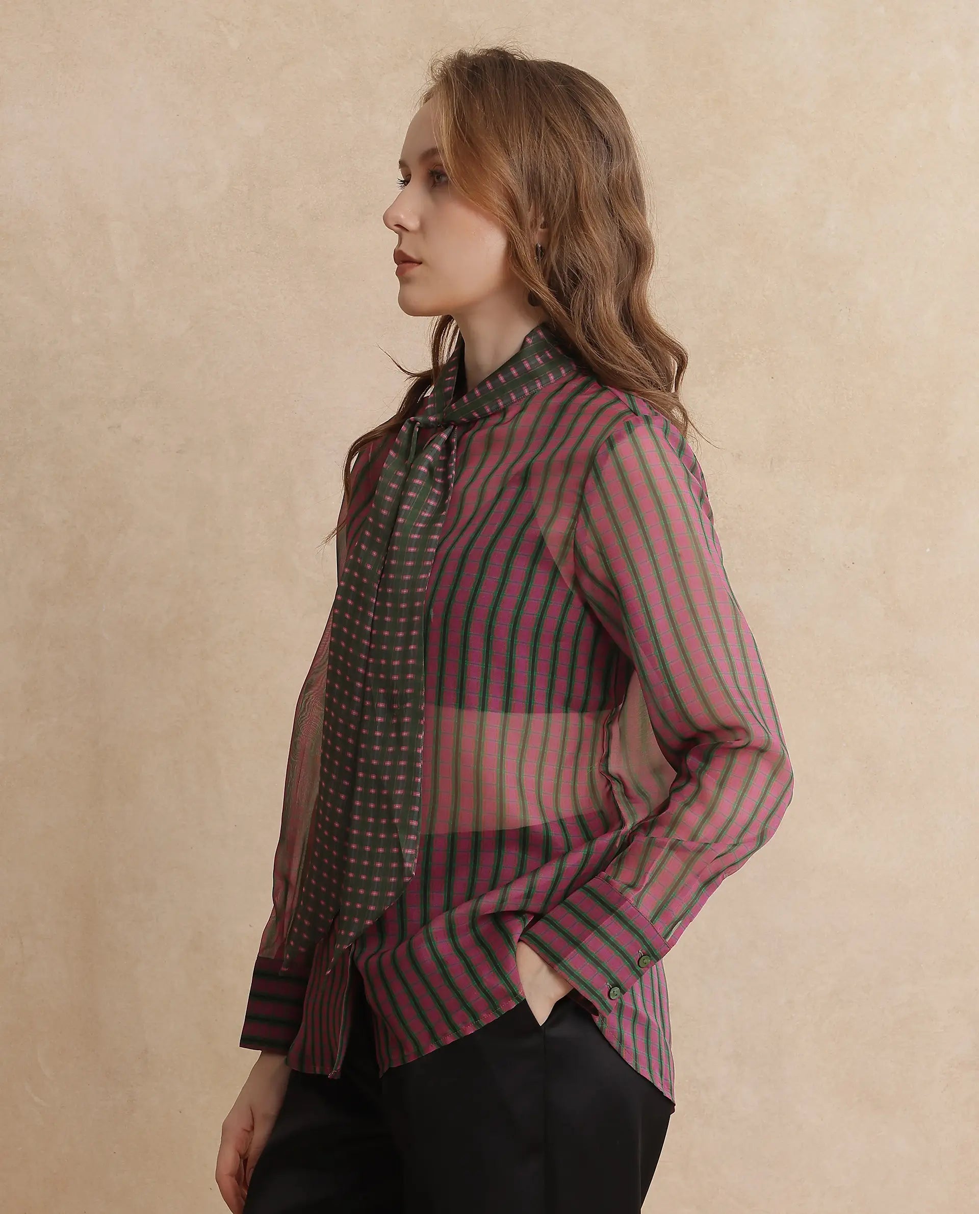 Rareism Women Nioro Multi Volume Sleeve Tie Up Neck Button Closure Relaxed Fit Flannel Print Top