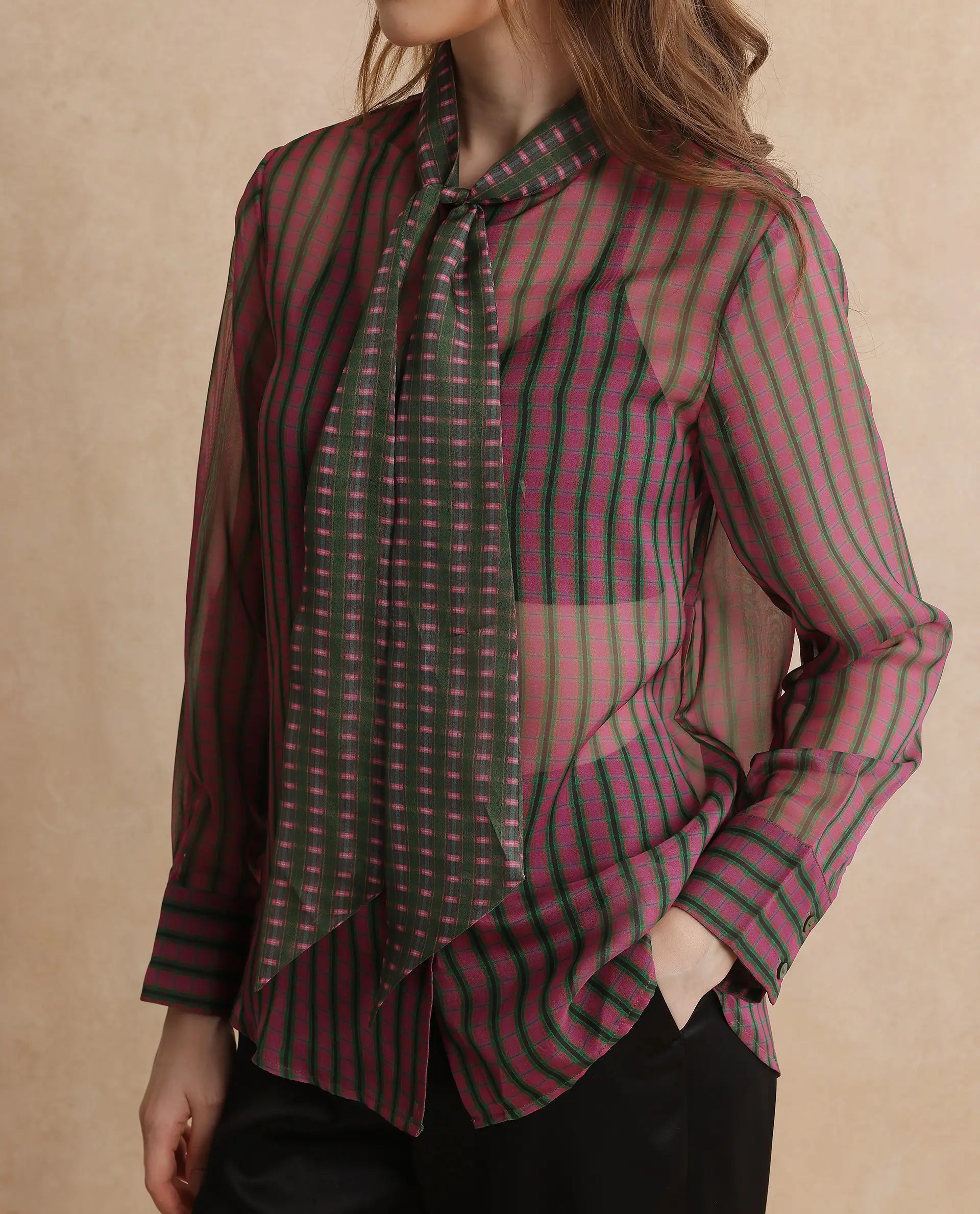 Rareism Women Nioro Multi Volume Sleeve Tie Up Neck Button Closure Relaxed Fit Flannel Print Top