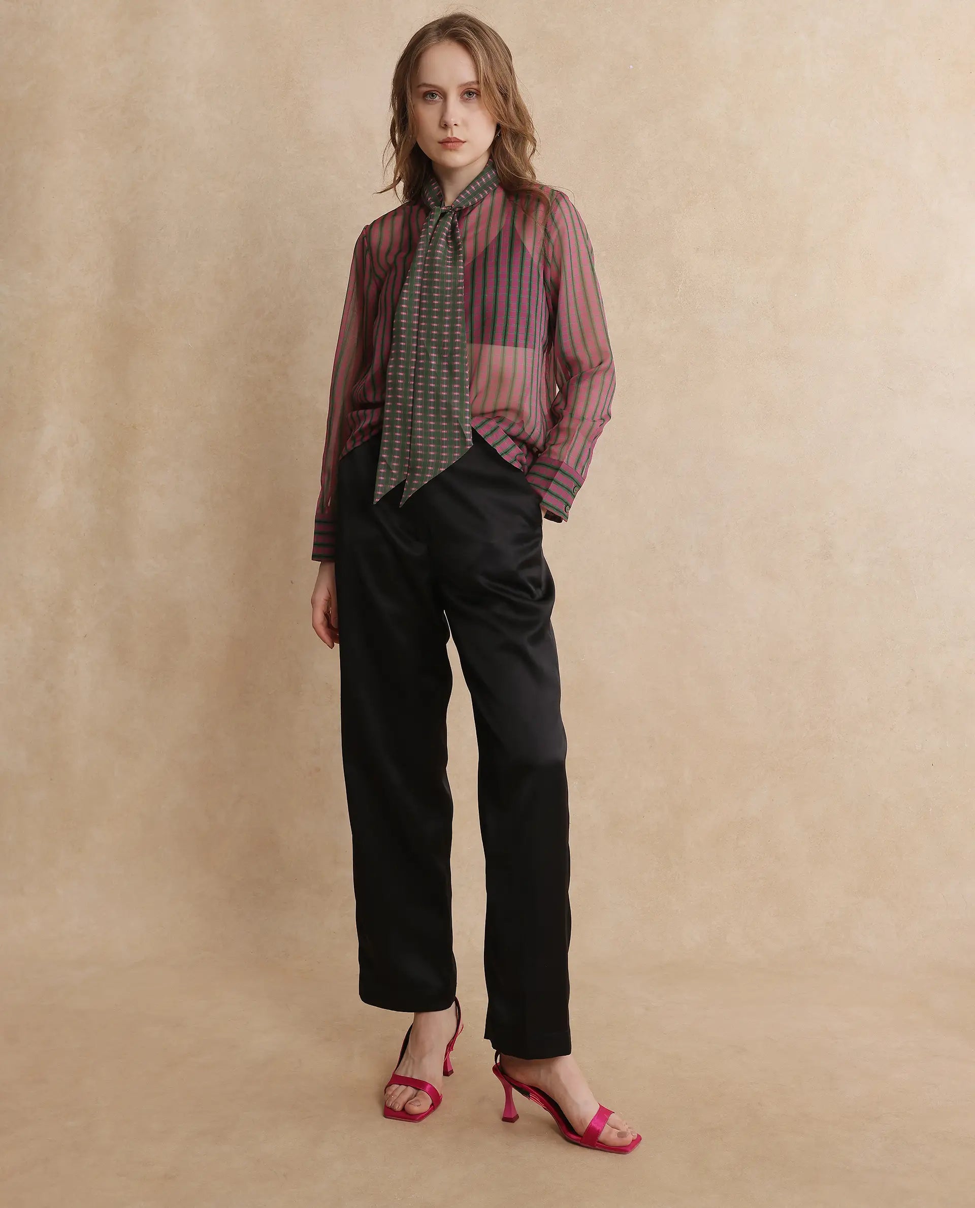 Rareism Women Nioro Multi Volume Sleeve Tie Up Neck Button Closure Relaxed Fit Flannel Print Top