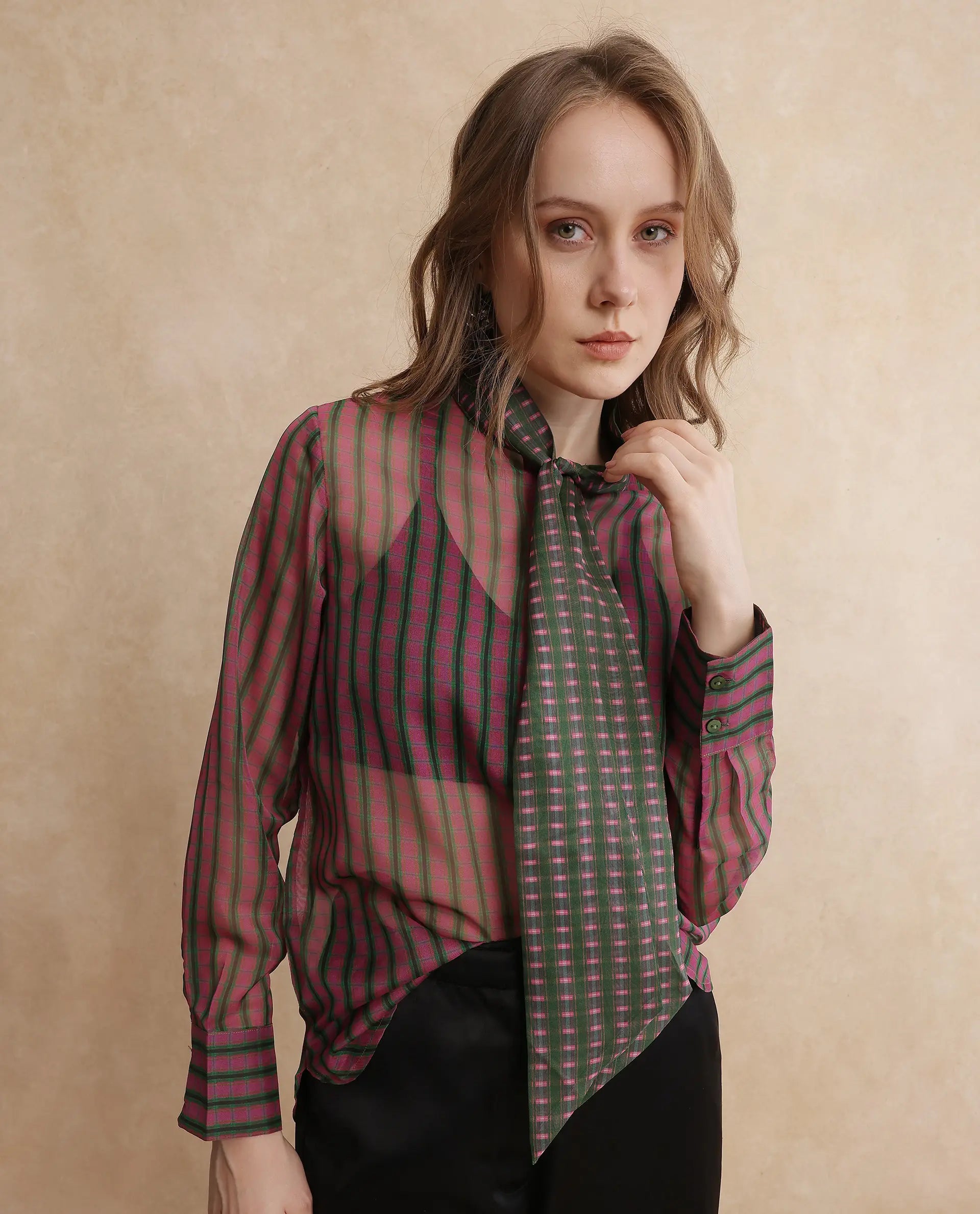 Rareism Women Nioro Multi Volume Sleeve Tie Up Neck Button Closure Relaxed Fit Flannel Print Top