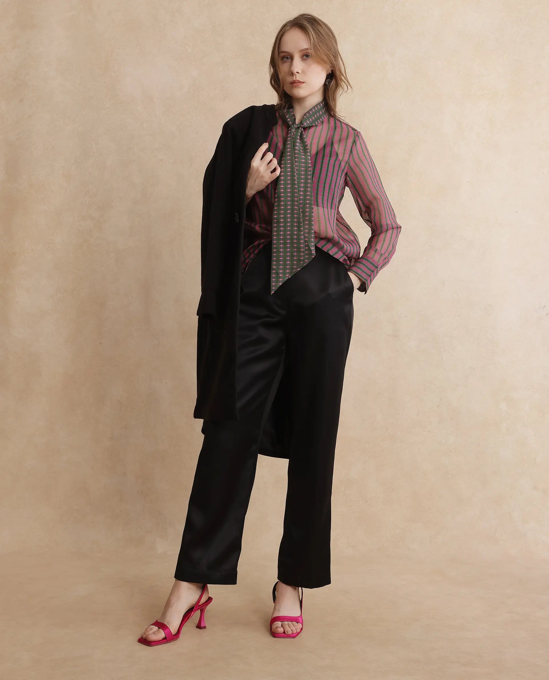 Rareism Women Nioro Multi Volume Sleeve Tie Up Neck Button Closure Relaxed Fit Flannel Print Top