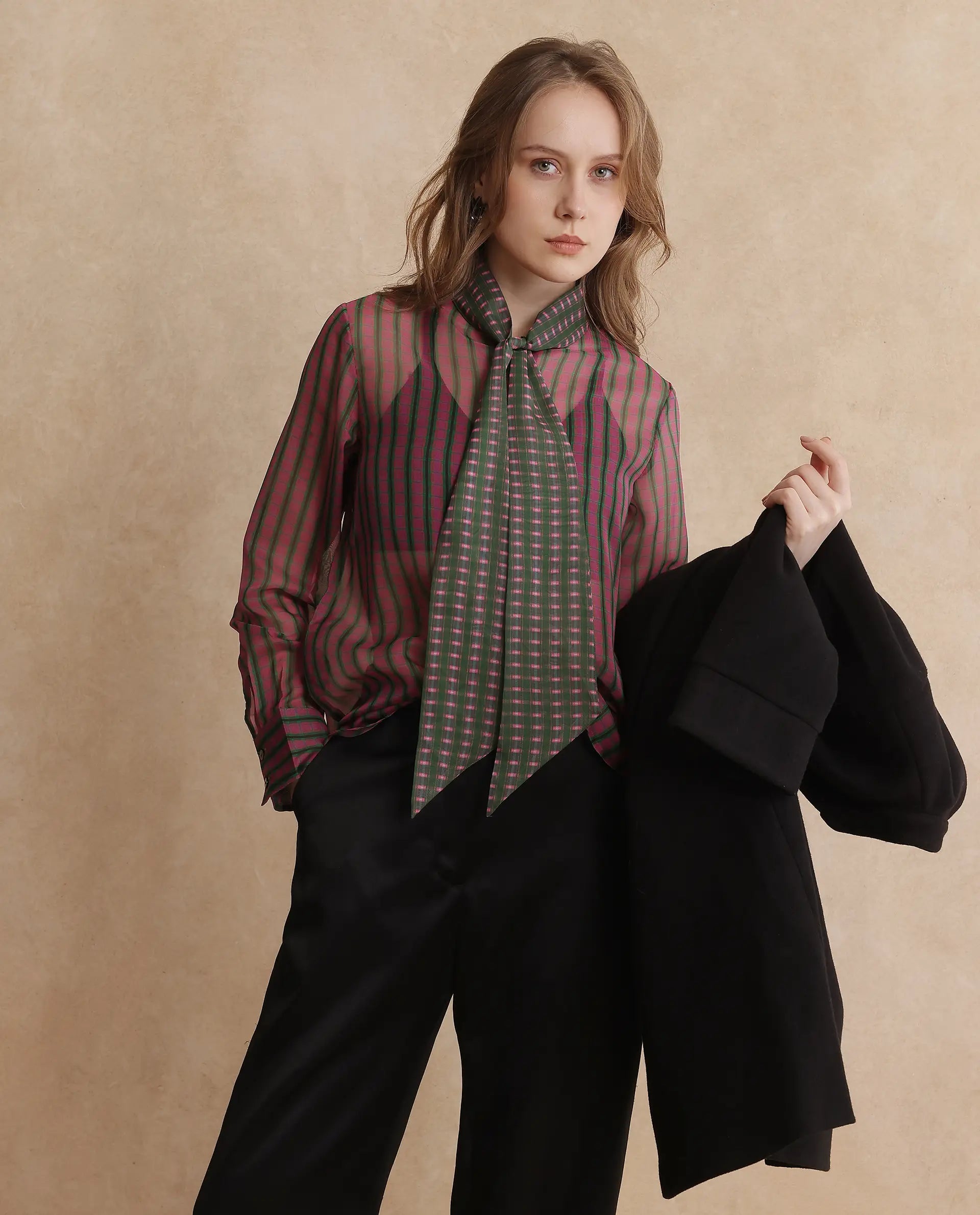 Rareism Women Nioro Multi Volume Sleeve Tie Up Neck Button Closure Relaxed Fit Flannel Print Top