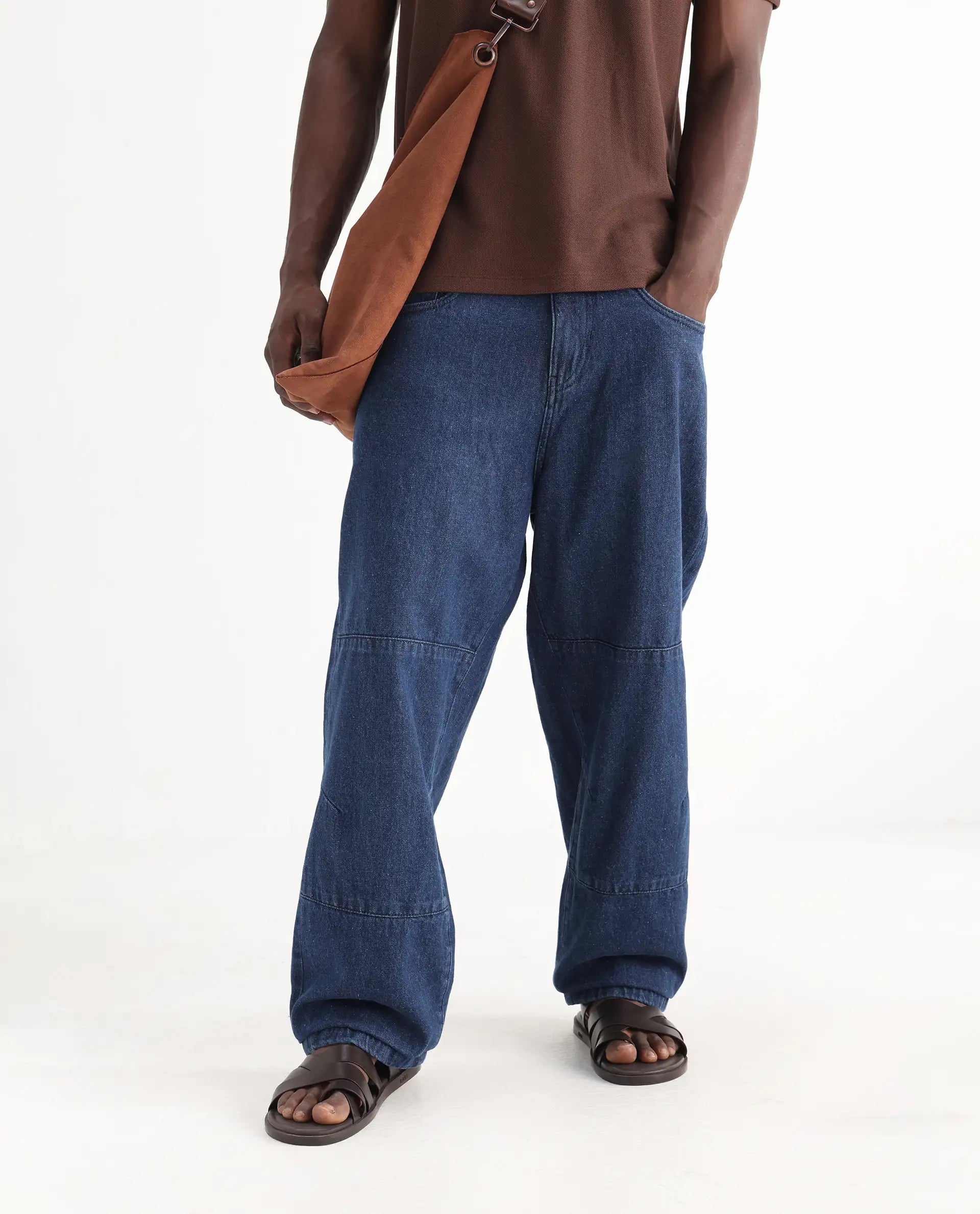 Rare Rabbit Men's Niot Blue Cotton Plain Baggy Fit Jeans