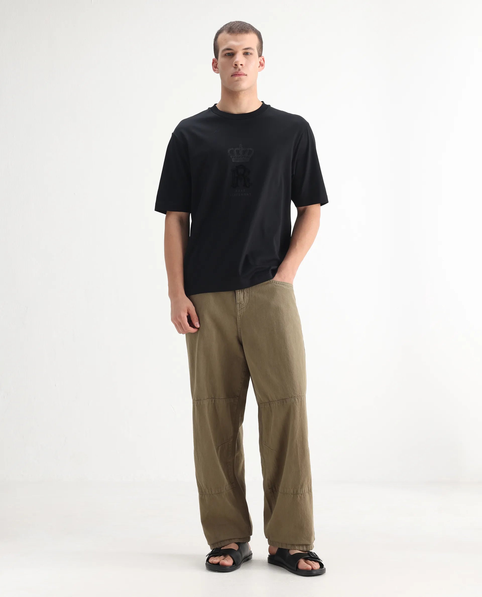 Rare Rabbit Men's Niot Khaki Cotton Plain Baggy Fit Jeans