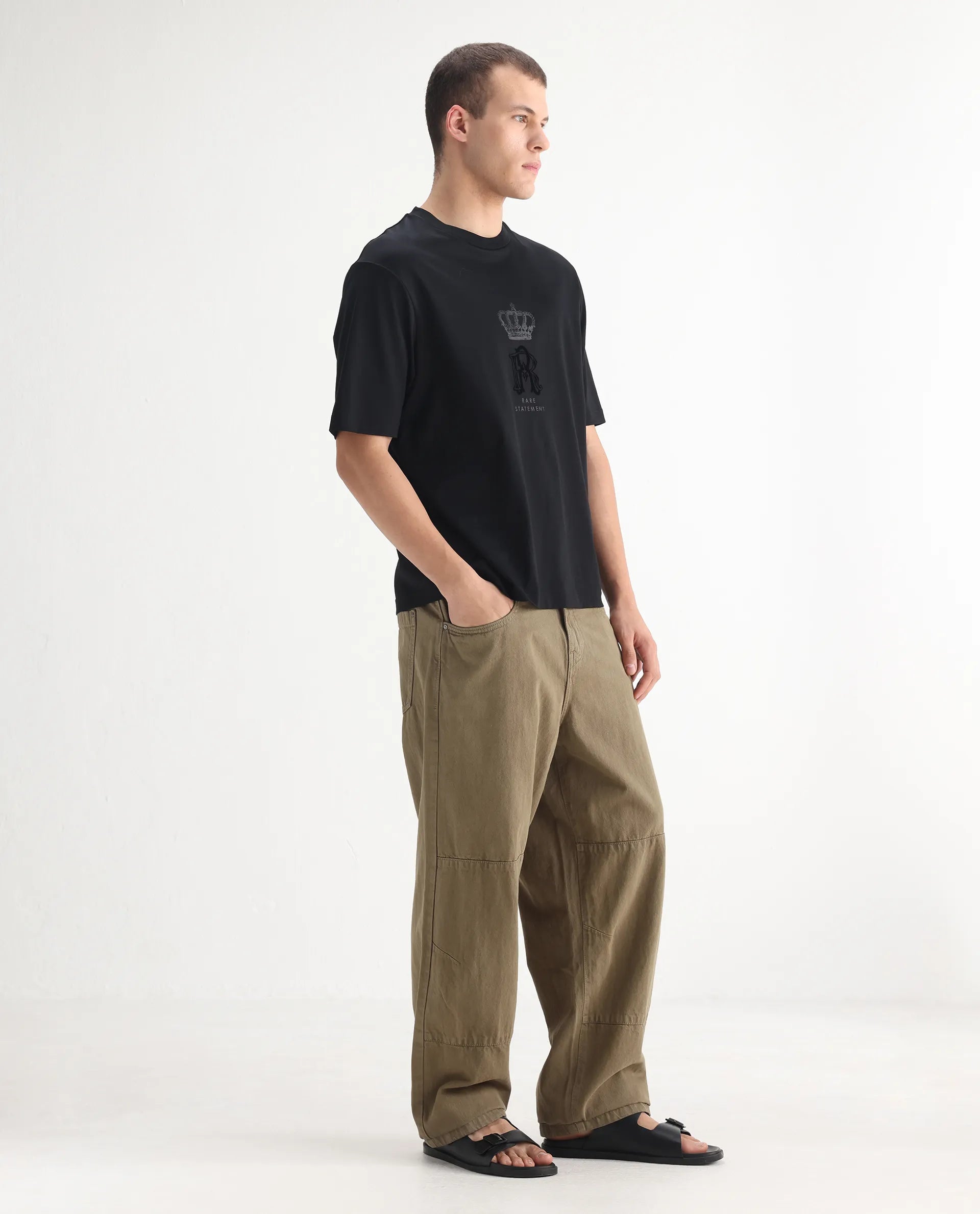 Rare Rabbit Men's Niot Khaki Cotton Plain Baggy Fit Jeans