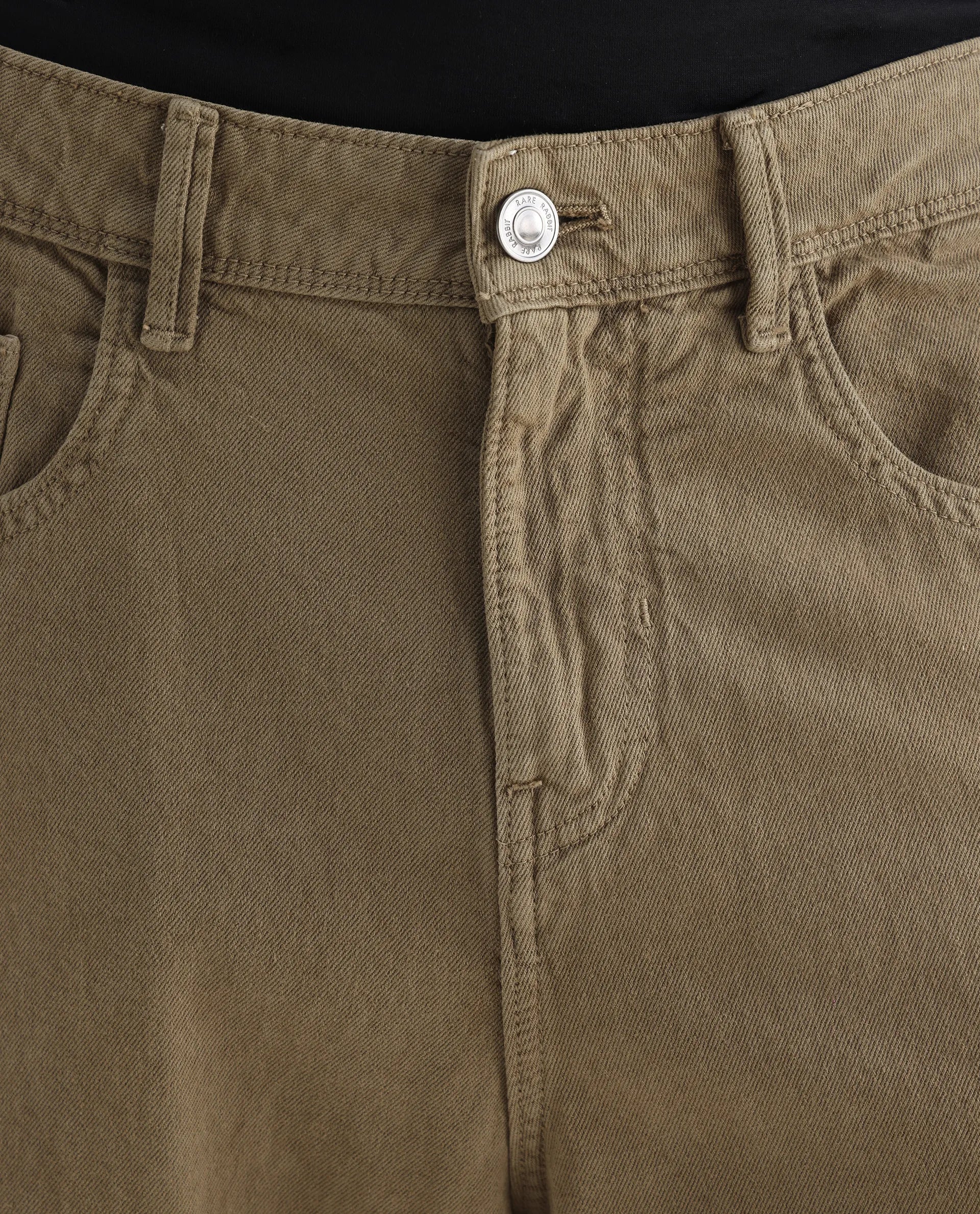 Rare Rabbit Men's Niot Khaki Cotton Plain Baggy Fit Jeans