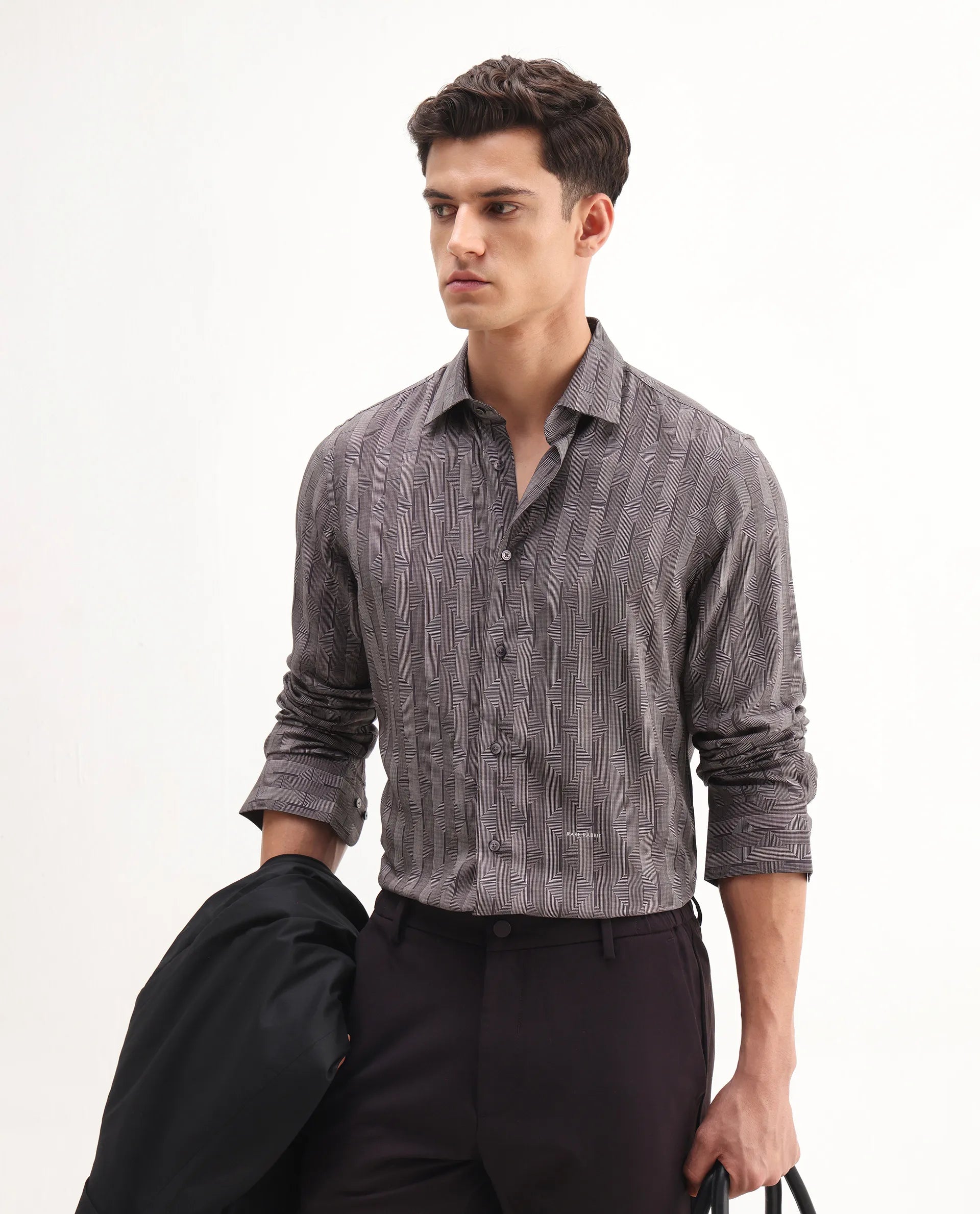 Rare Rabbit Men's Nira Brown Viscose Geometric Print Regular Fit Full Sleeve Collared Shirt