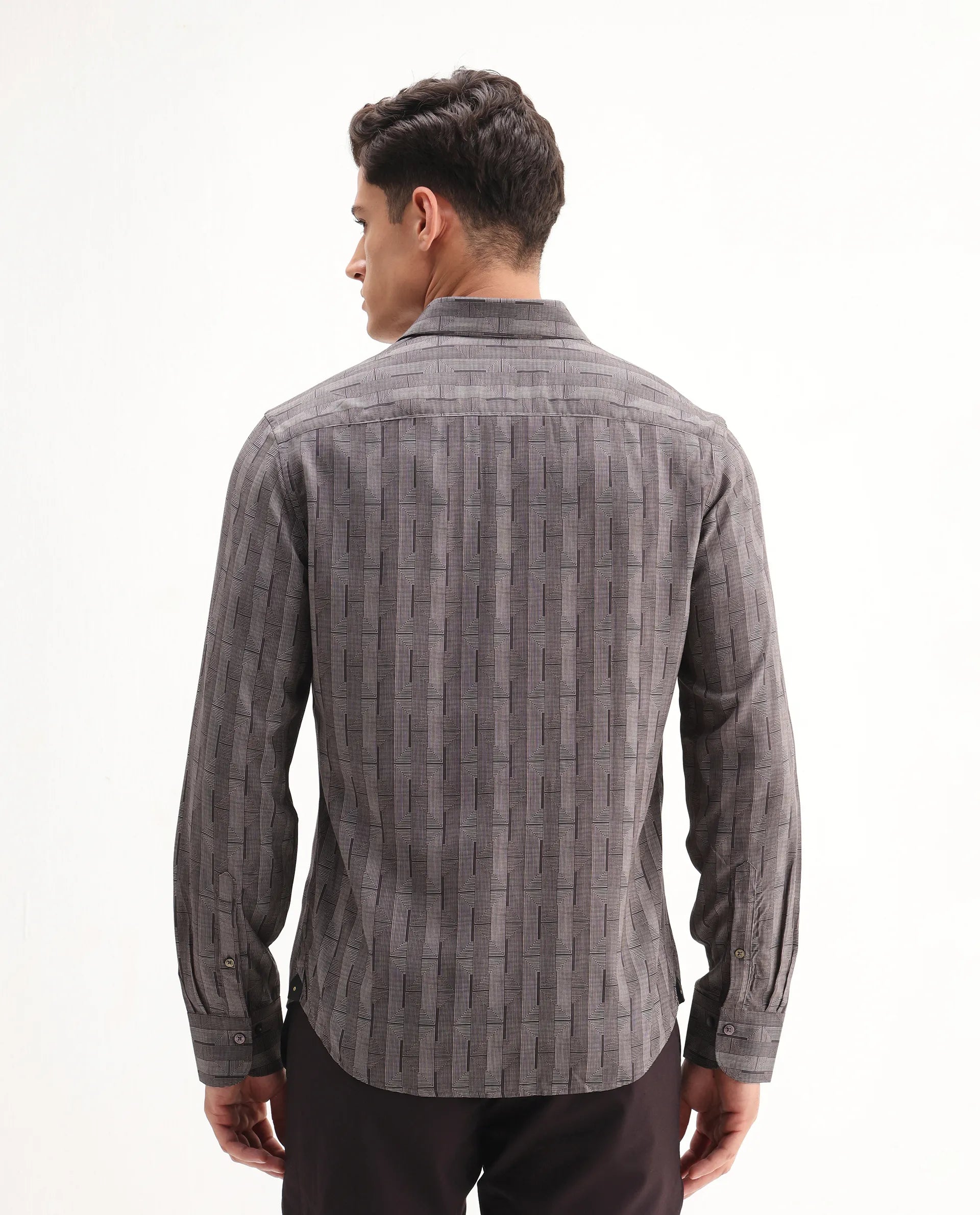 Rare Rabbit Men's Nira Brown Viscose Geometric Print Regular Fit Full Sleeve Collared Shirt