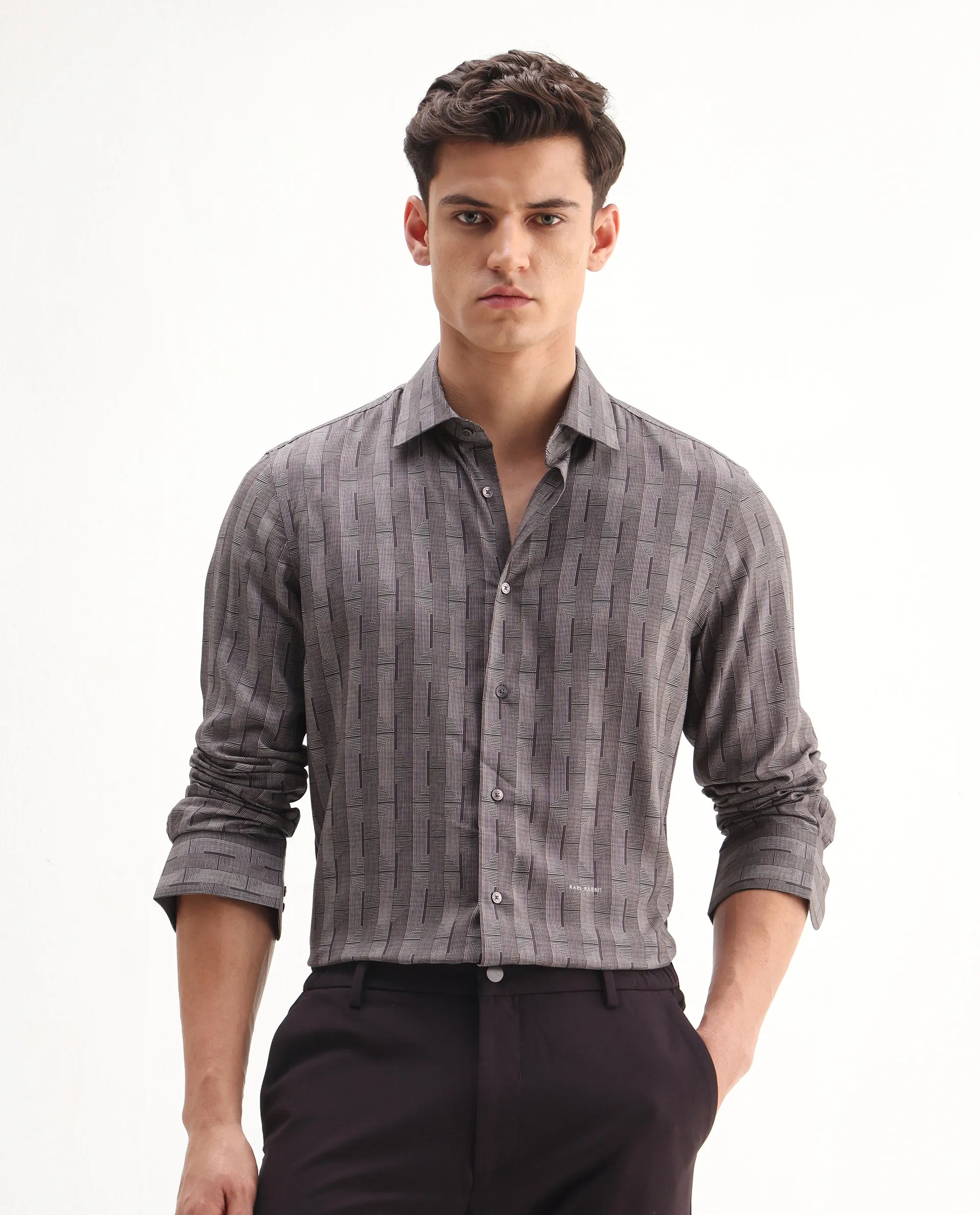 Rare Rabbit Men's Nira Brown Viscose Geometric Print Regular Fit Full Sleeve Collared Shirt