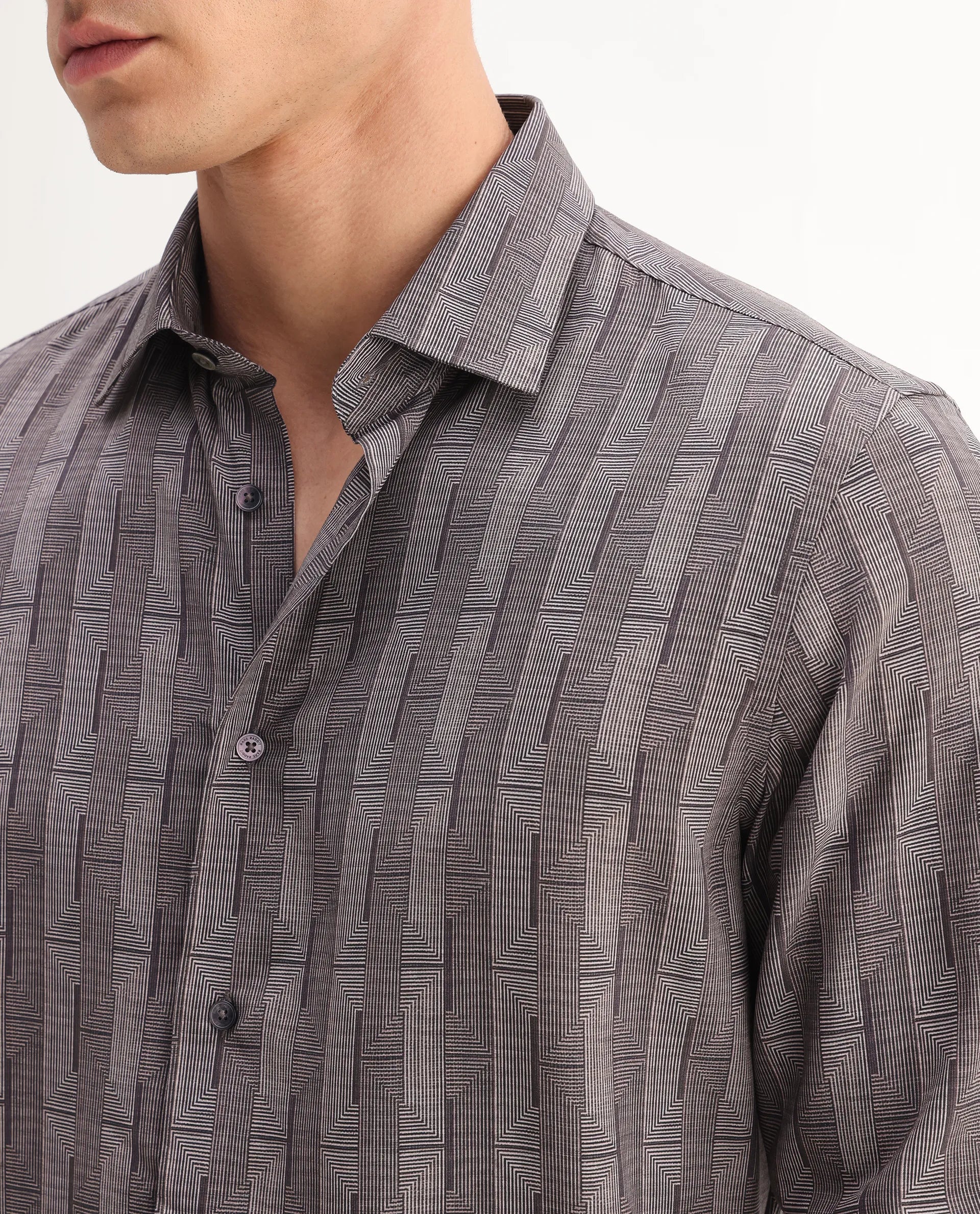Rare Rabbit Men's Nira Brown Viscose Geometric Print Regular Fit Full Sleeve Collared Shirt