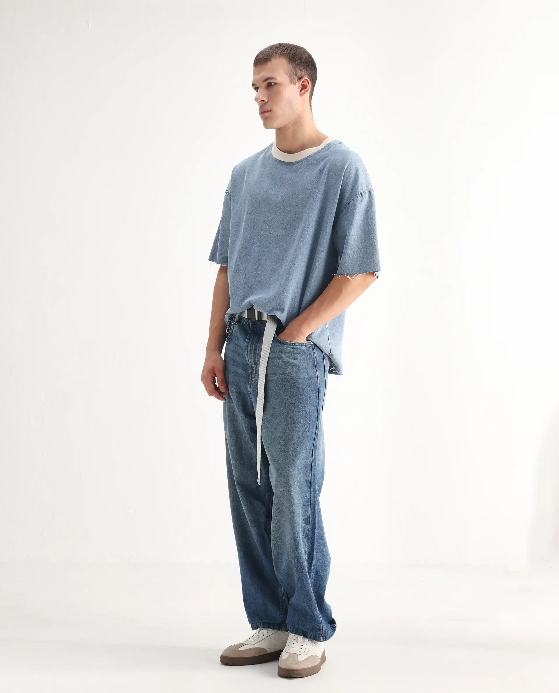 Rare Rabbit Men's Niret Blue Cotton Plain Baggy Fit Jeans