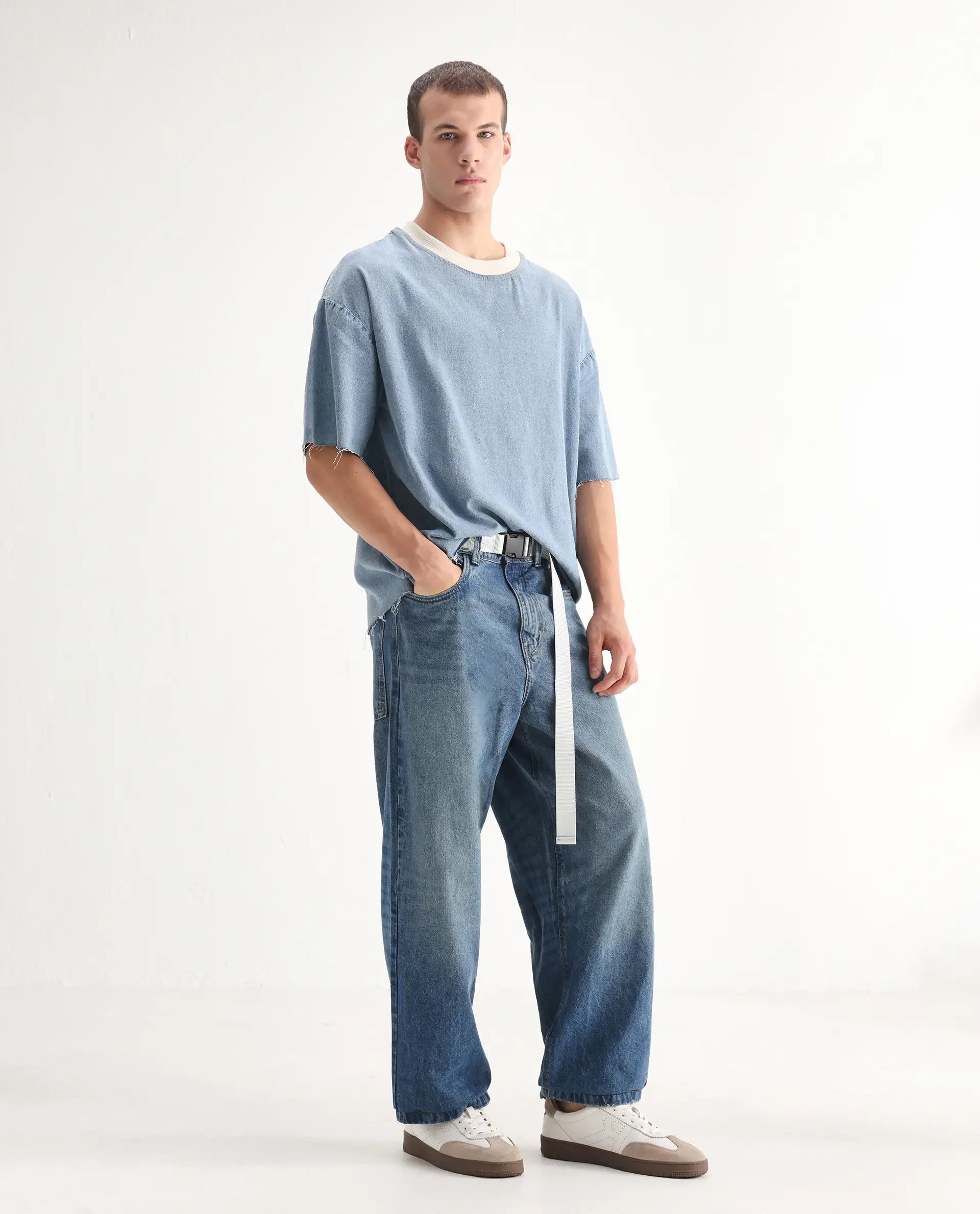 Rare Rabbit Men's Niret Blue Cotton Plain Baggy Fit Jeans
