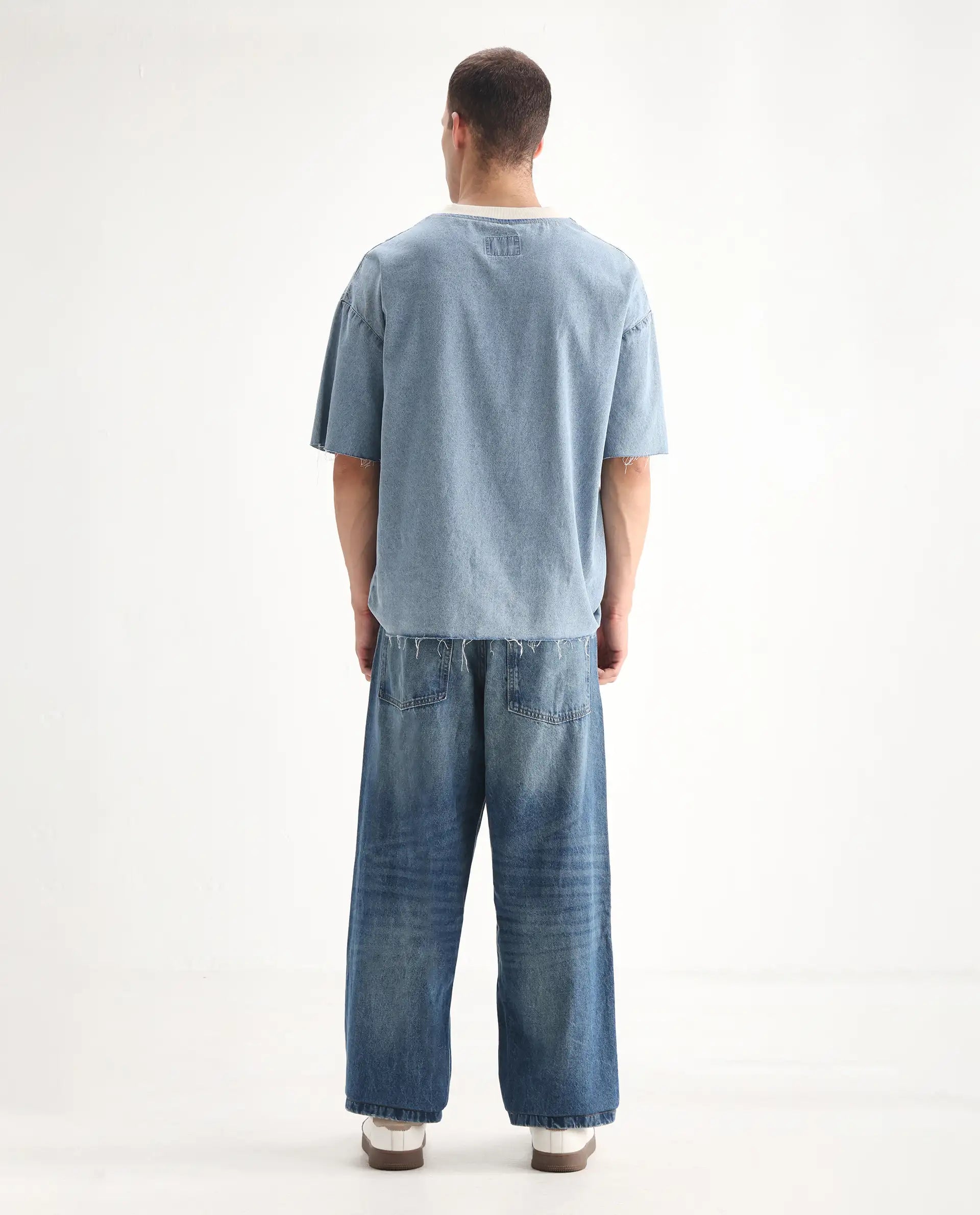 Rare Rabbit Men's Niret Blue Cotton Plain Baggy Fit Jeans