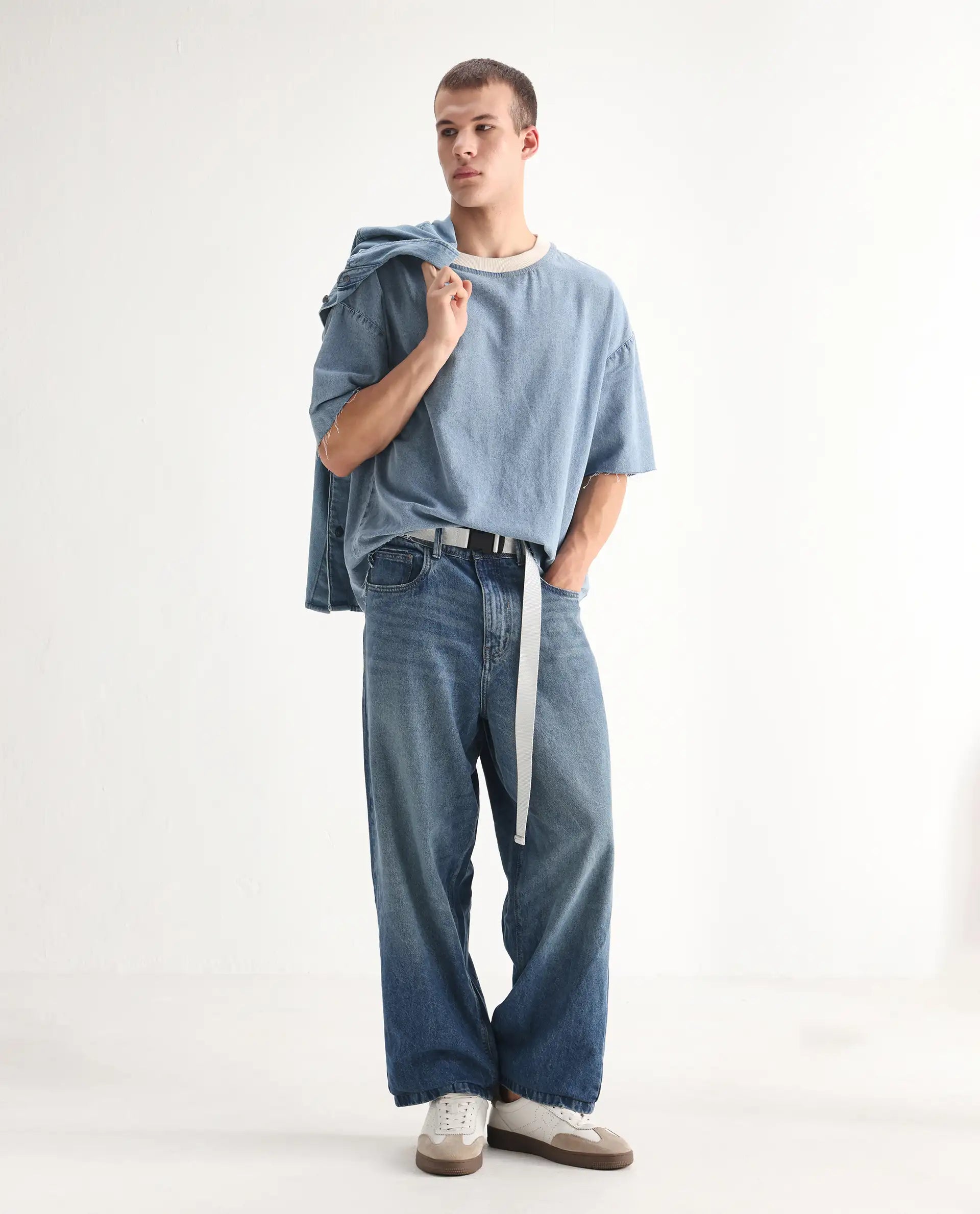 Rare Rabbit Men's Niret Blue Cotton Plain Baggy Fit Jeans