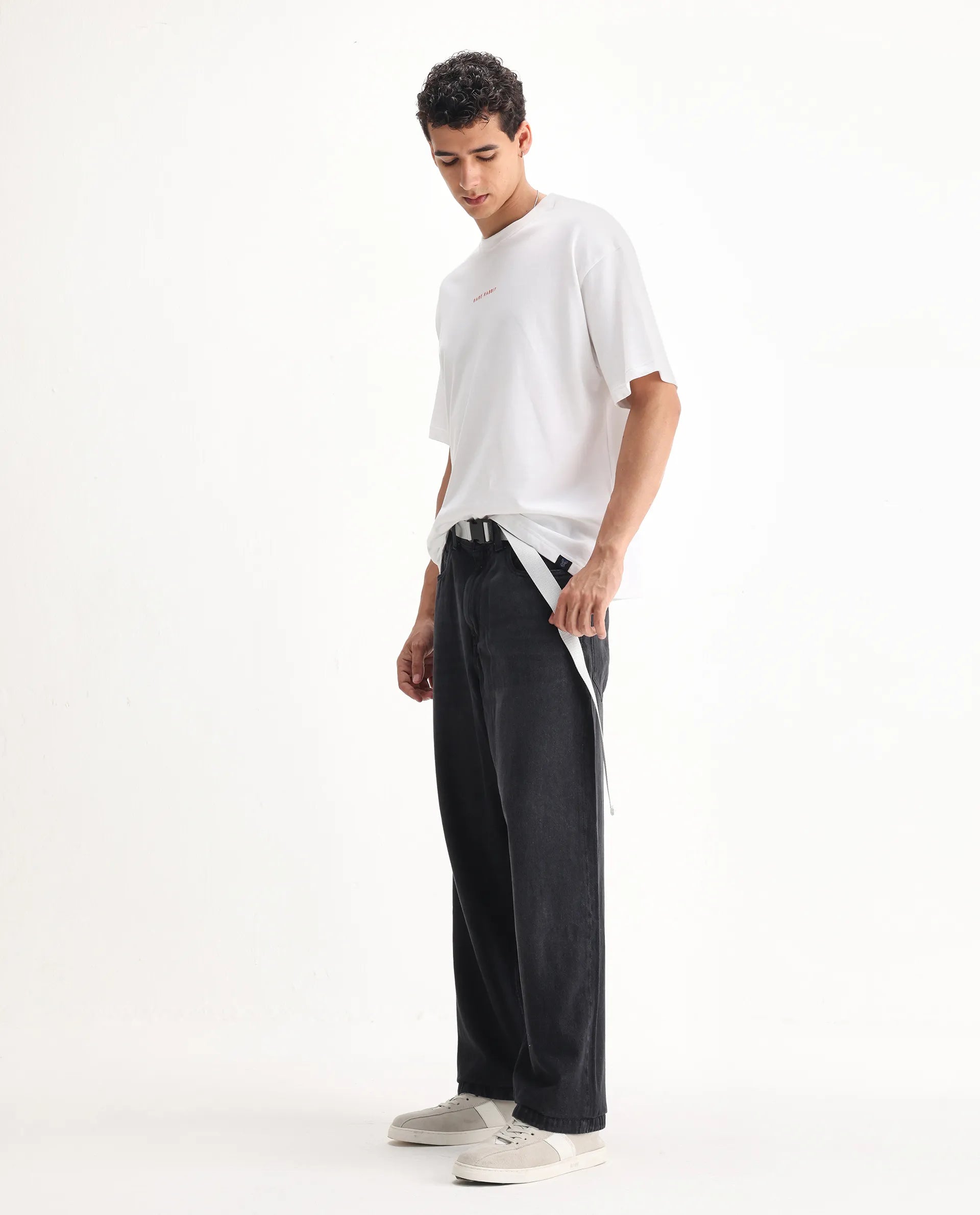 Rare Rabbit Men's Niret Dark Grey Cotton Plain Baggy Fit Jeans