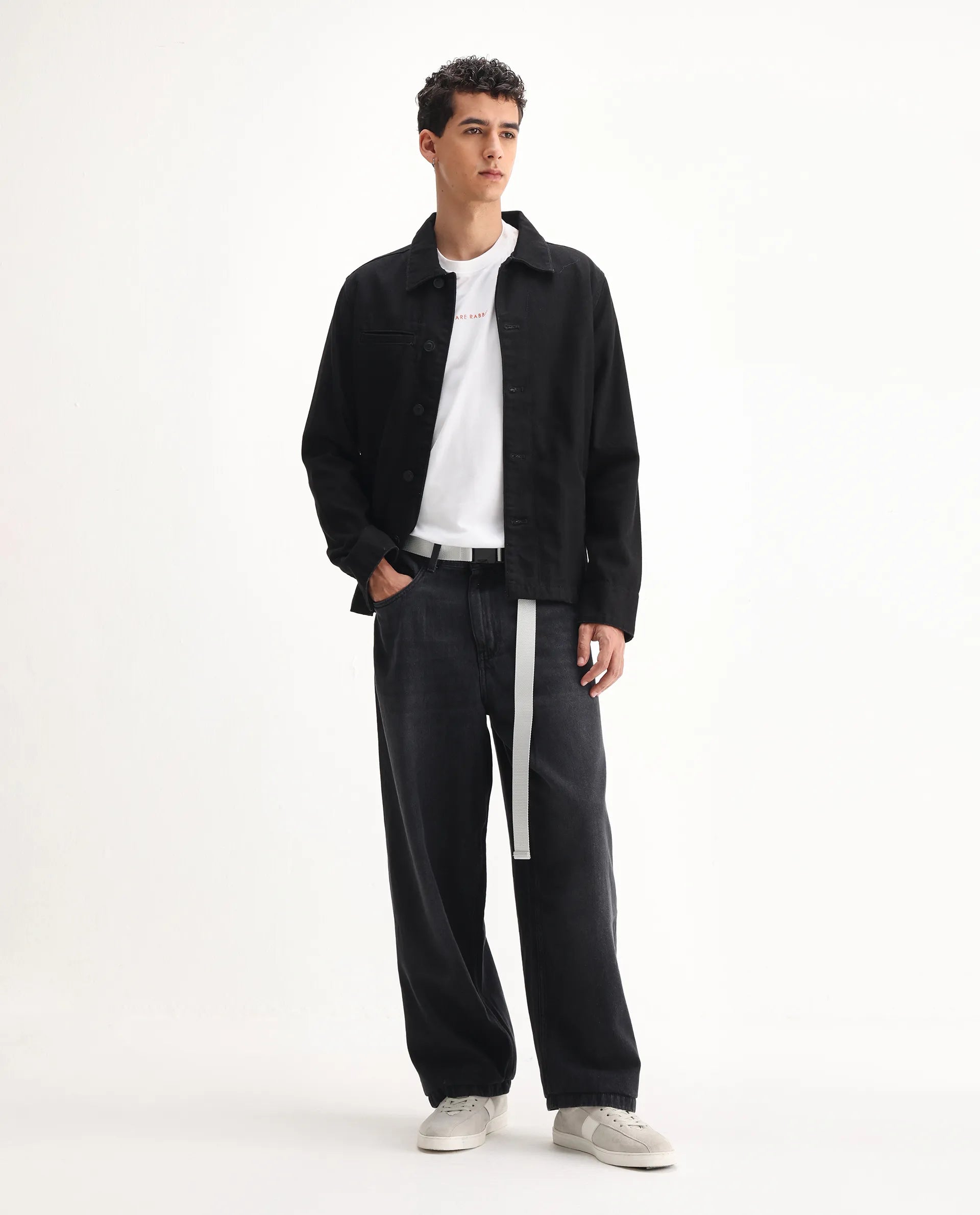 Rare Rabbit Men's Niret Dark Grey Cotton Plain Baggy Fit Jeans