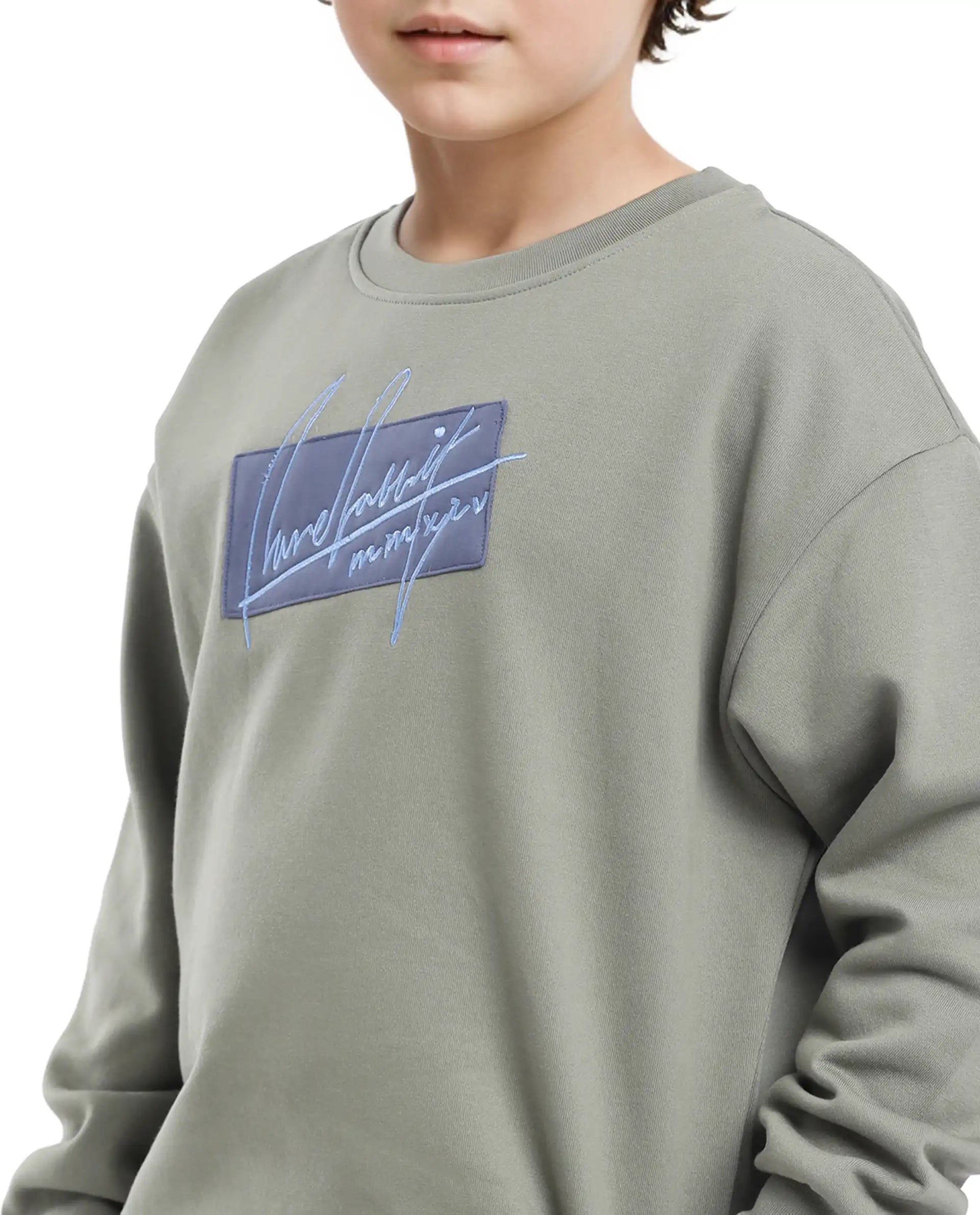 Rare Ones Kids Niret Dusky Green Cotton Poly Full Sleeve Embroidered Sweatshirt