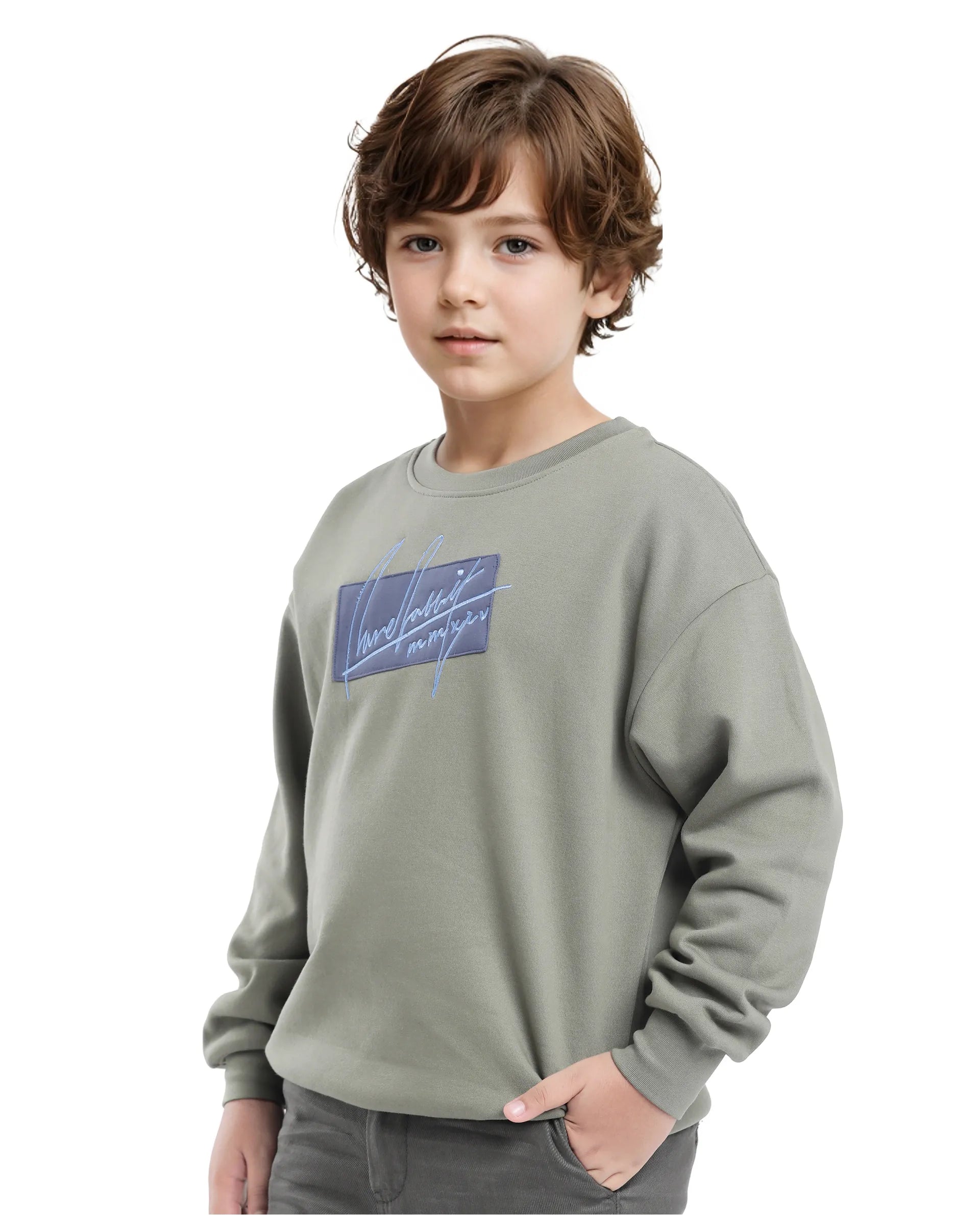 Rare Ones Kids Niret Dusky Green Cotton Poly Full Sleeve Embroidered Sweatshirt