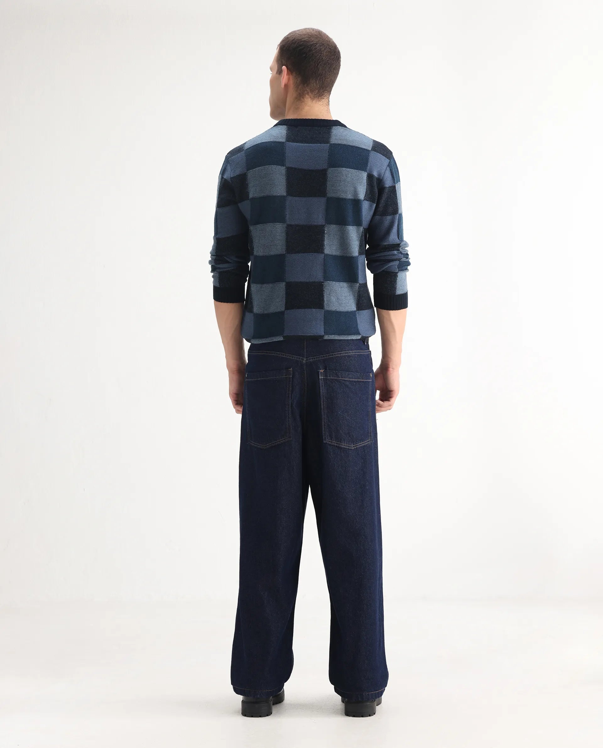 Rare Rabbit Men's Niretor Dark Cotton Plain Baggy Fit Jeans